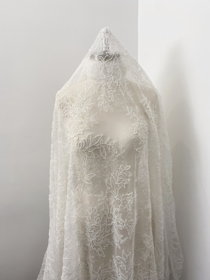 Ivory Floral Beaded Lace Fabric on Soft Mesh, Bridal Embroidery Material for Wedding Gowns, Ball Gowns, Couture, Evening dress