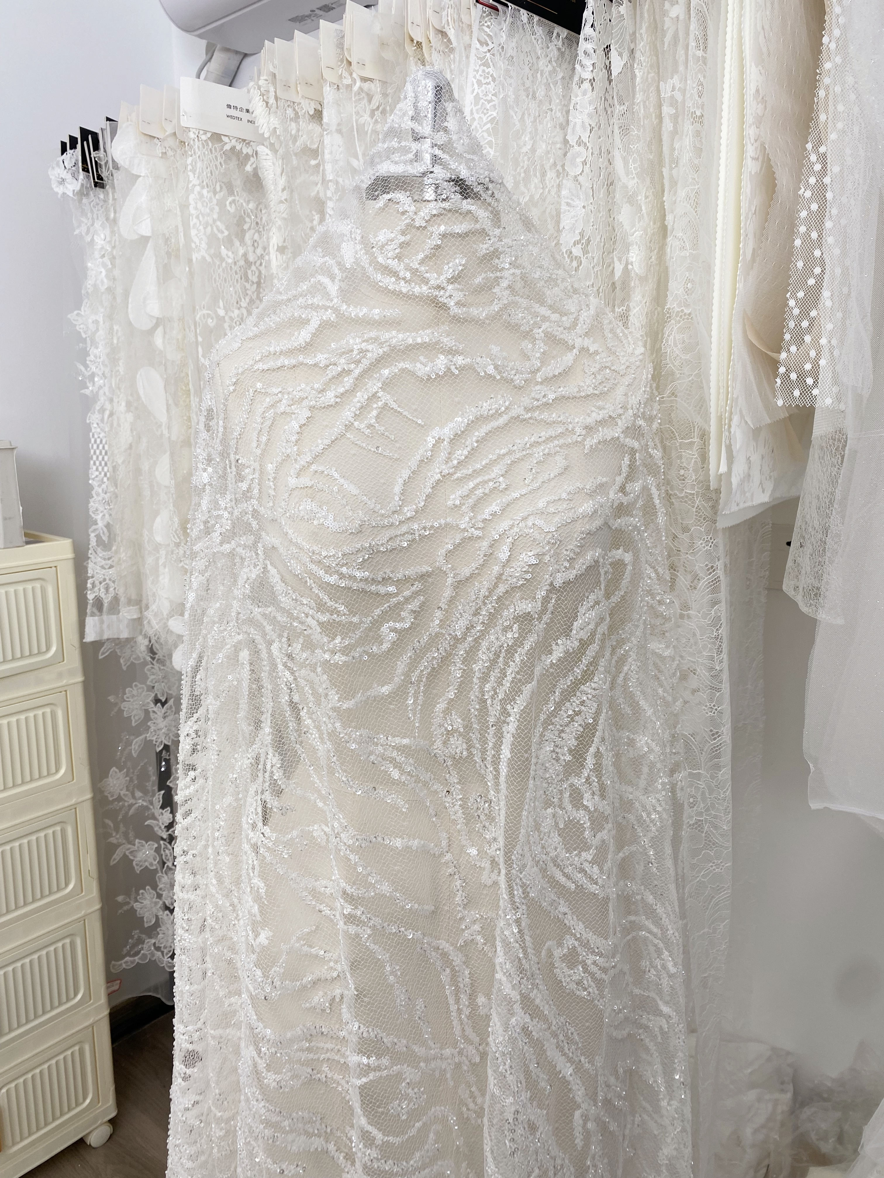 Beaded Tulle Fabric with 3D Dew Drop Effect on Nude Mesh, Wedding Lace with Sequins Bridal Tulle for Gown, Dressmaking Material