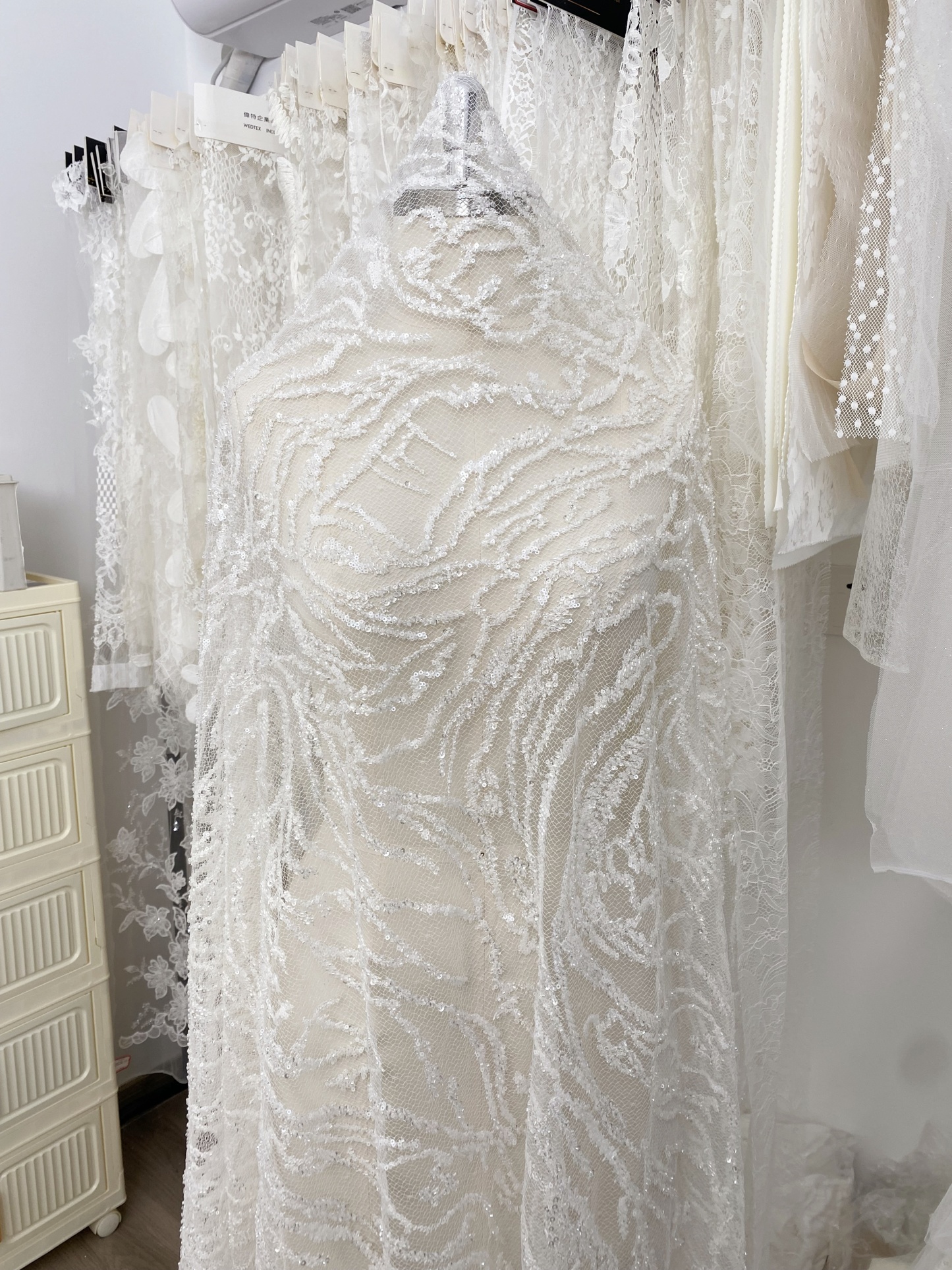 Beaded Tulle Fabric with 3D Dew Drop Effect on Nude Mesh, Wedding Lace with Sequins Bridal Tulle for Gown, Dressmaking Material