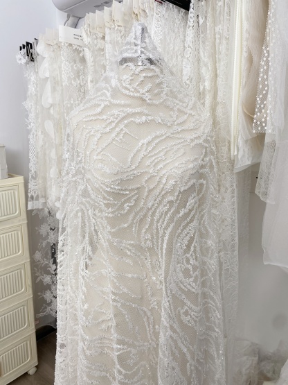 Beaded Tulle Fabric with 3D Dew Drop Effect on Nude Mesh, Wedding Lace with Sequins Bridal Tulle for Gown, Dressmaking Material