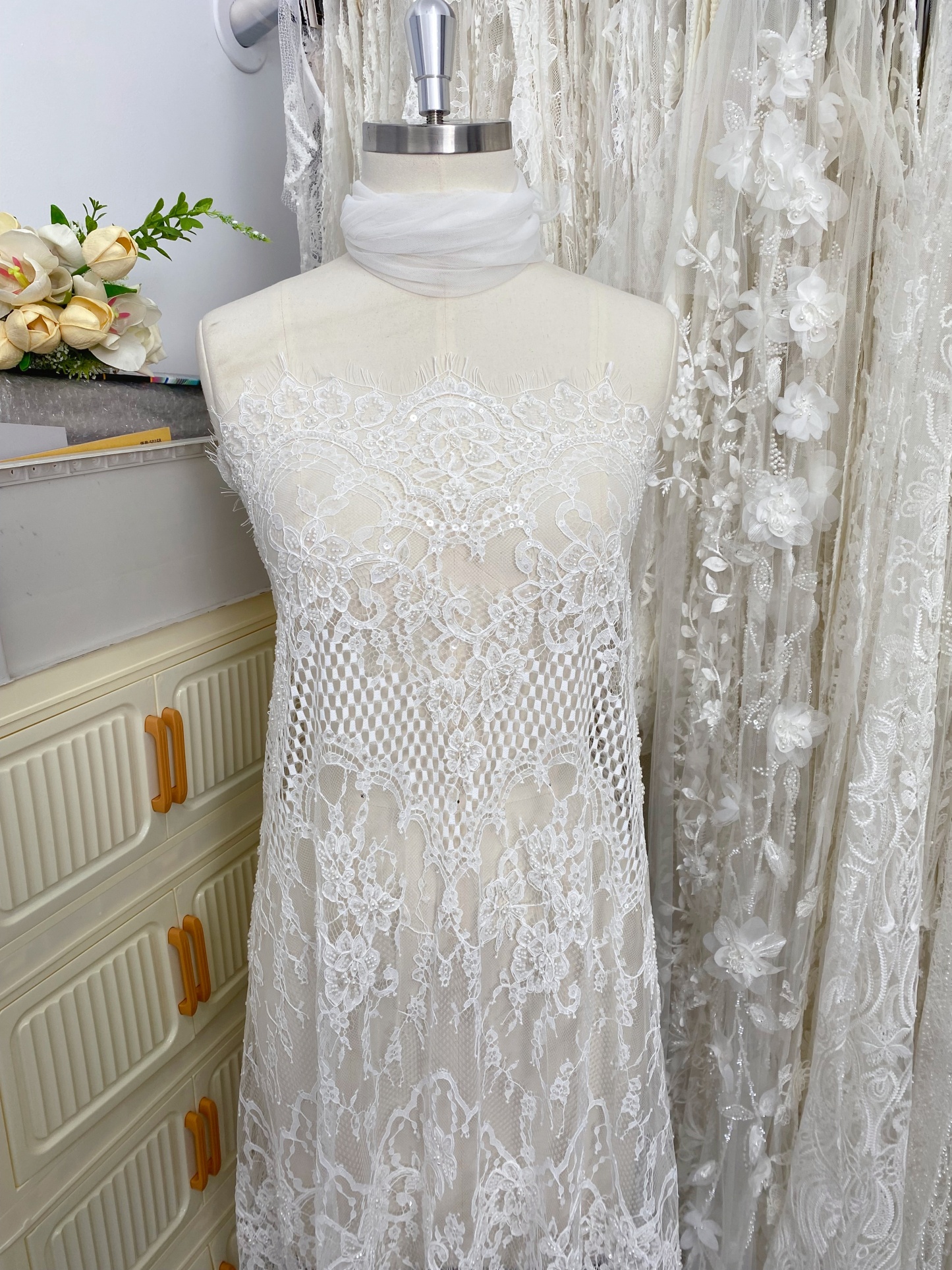 Ivory Beaded Chantilly Lace Fabric for Wedding Dress,Bridal Gown Veil,Sold by 3 Meter