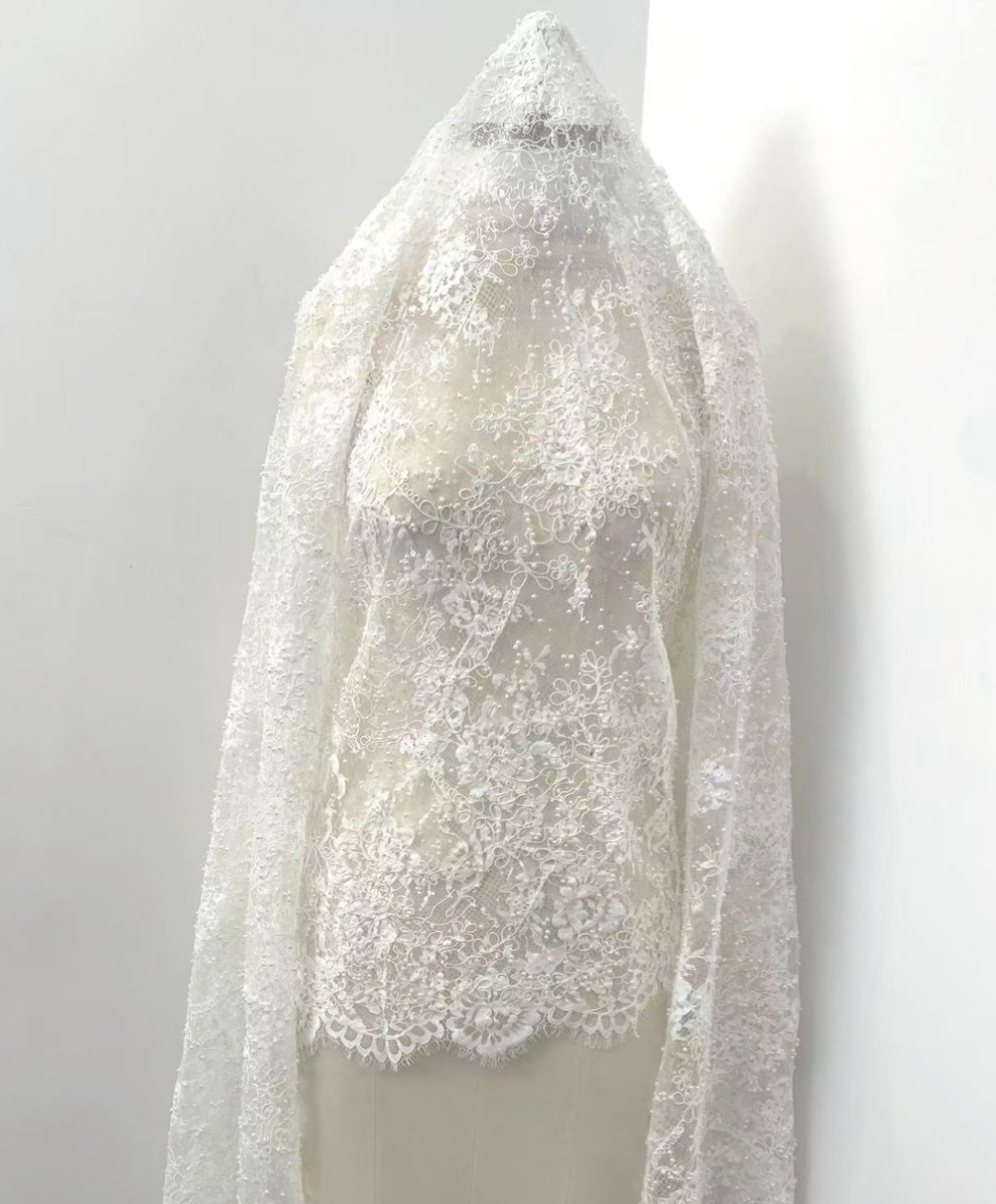 White Cord Beaded Chantilly Lace Fabric for Wedding Dress,Bridal Gown Veil, Pearls Lace with Eyelash Edging,Sold as 3-Meter Piece