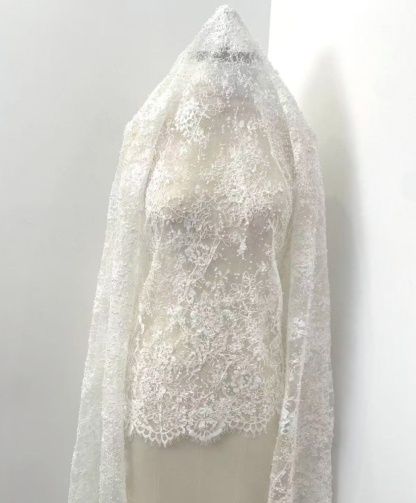 White Cord Beaded Chantilly Lace Fabric for Wedding Dress,Bridal Gown Veil, Pearls Lace with Eyelash Edging,Sold as 3-Meter Piece