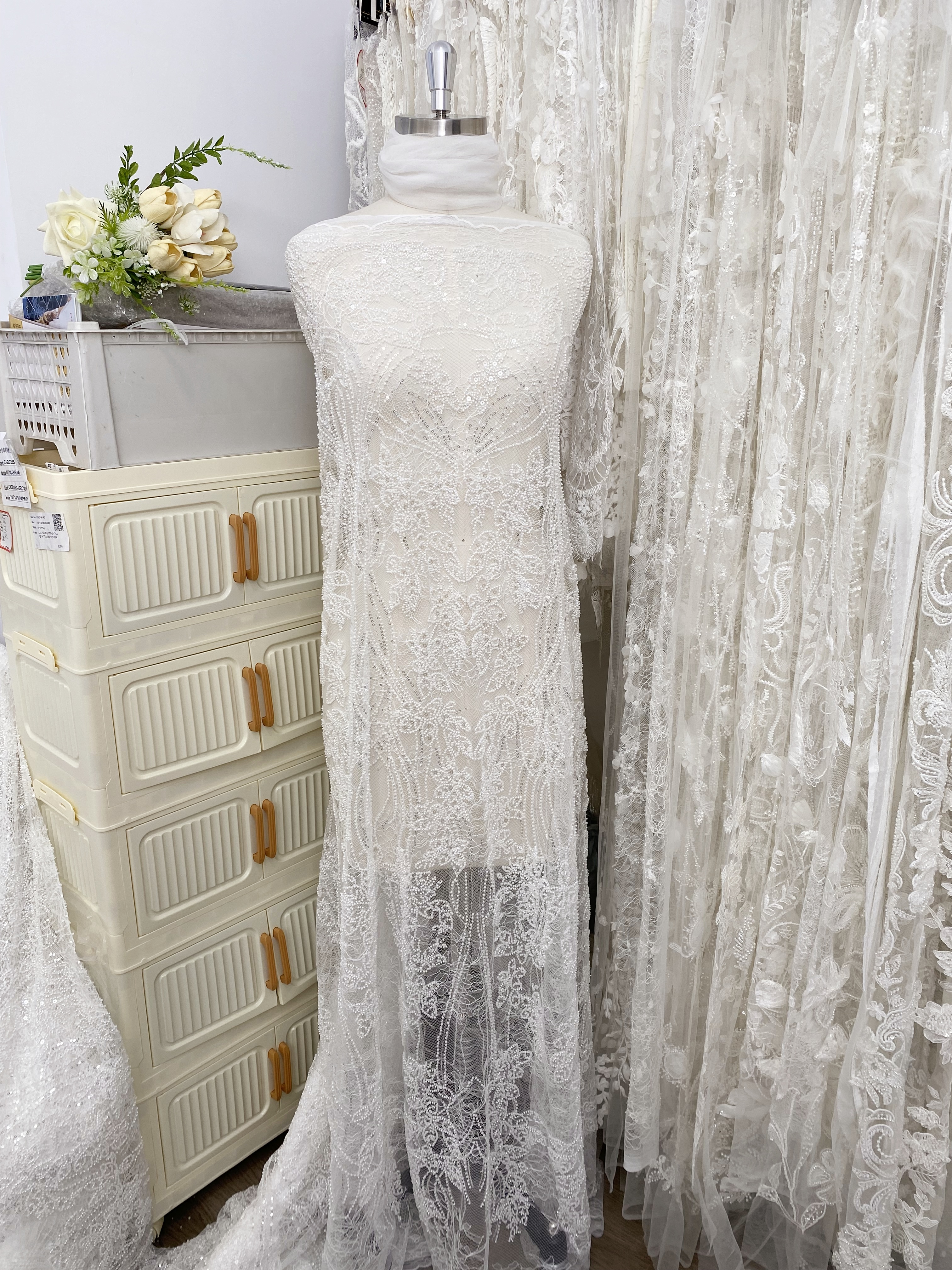 Soft French Chantilly Flower Beaded Lace Fabric, Bridal Wedding Dress Lace, Embroidery Floral Sequin Lace by the Yard