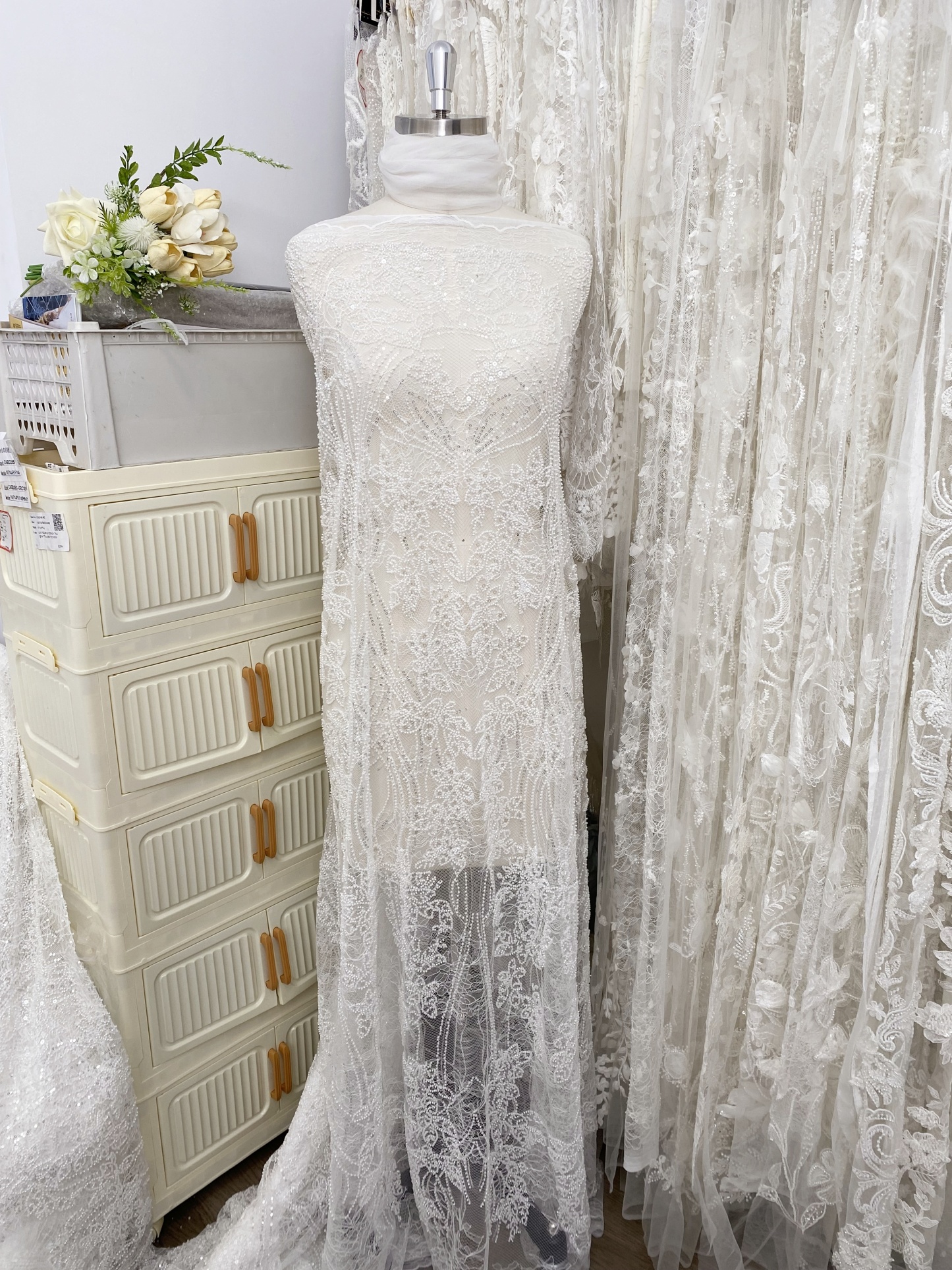 Soft French Chantilly Flower Beaded Lace Fabric, Bridal Wedding Dress Lace, Embroidery Floral Sequin Lace by the Yard
