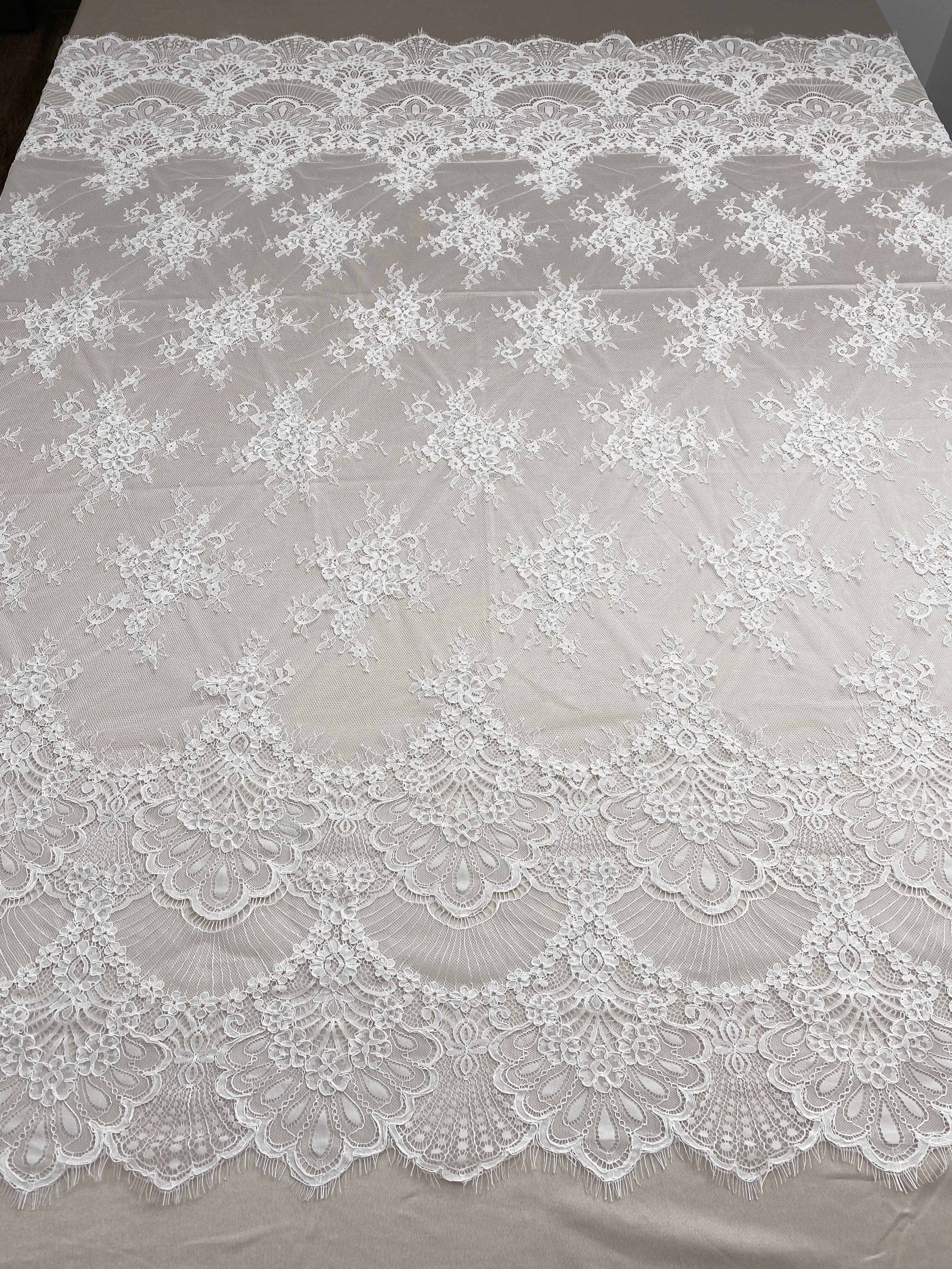 3 Meters French Chantilly Lace Fabric with Corded and Eyelash, Floral Embroidery Lace Scallop Edges for Bridal Wedding Dress, Veil