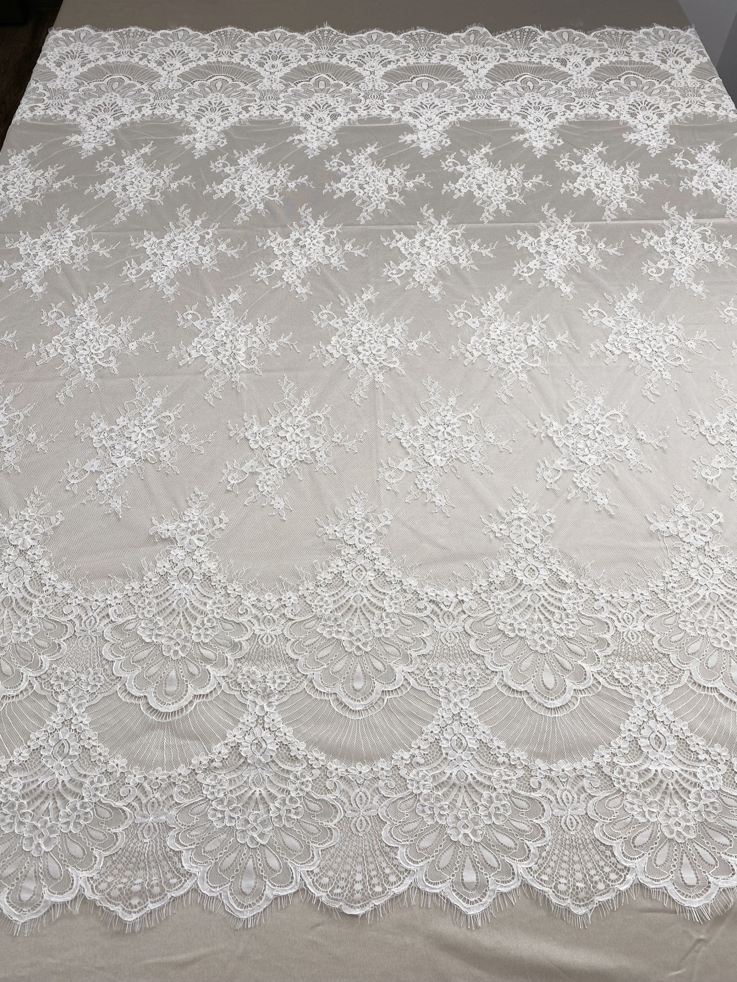 3 Meters French Chantilly Lace Fabric with Corded and Eyelash, Floral Embroidery Lace Scallop Edges for Bridal Wedding Dress, Veil