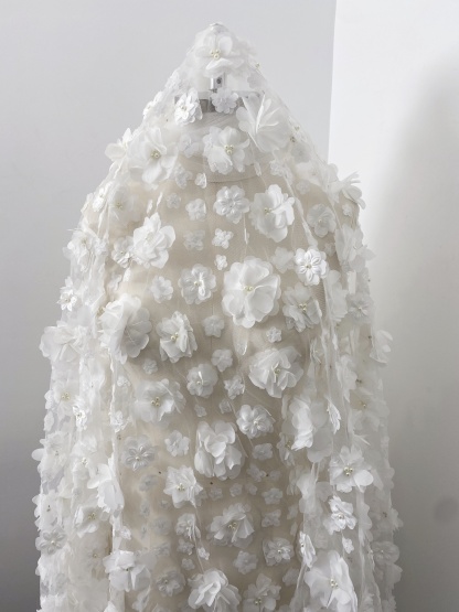 3D Blossom Flowers Mesh Lace Fabric with Pearl Beads | Floral Petals Tulle for Wedding Dresses, Bridal Gowns, Veils & Evening Wear