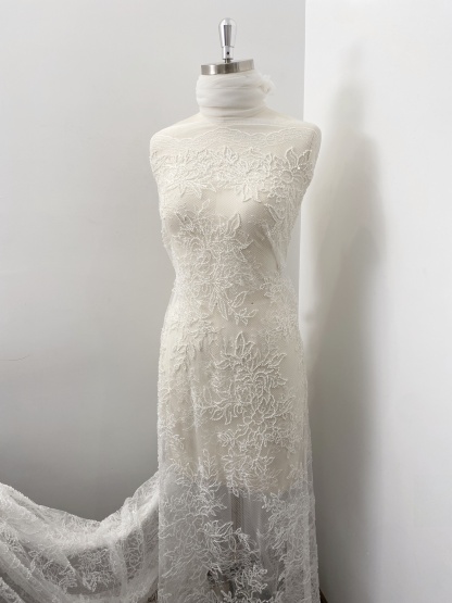Ivory Floral Beaded Lace Fabric on Soft Mesh, Bridal Embroidery Material for Wedding Gowns, Ball Gowns, Couture, Evening dress