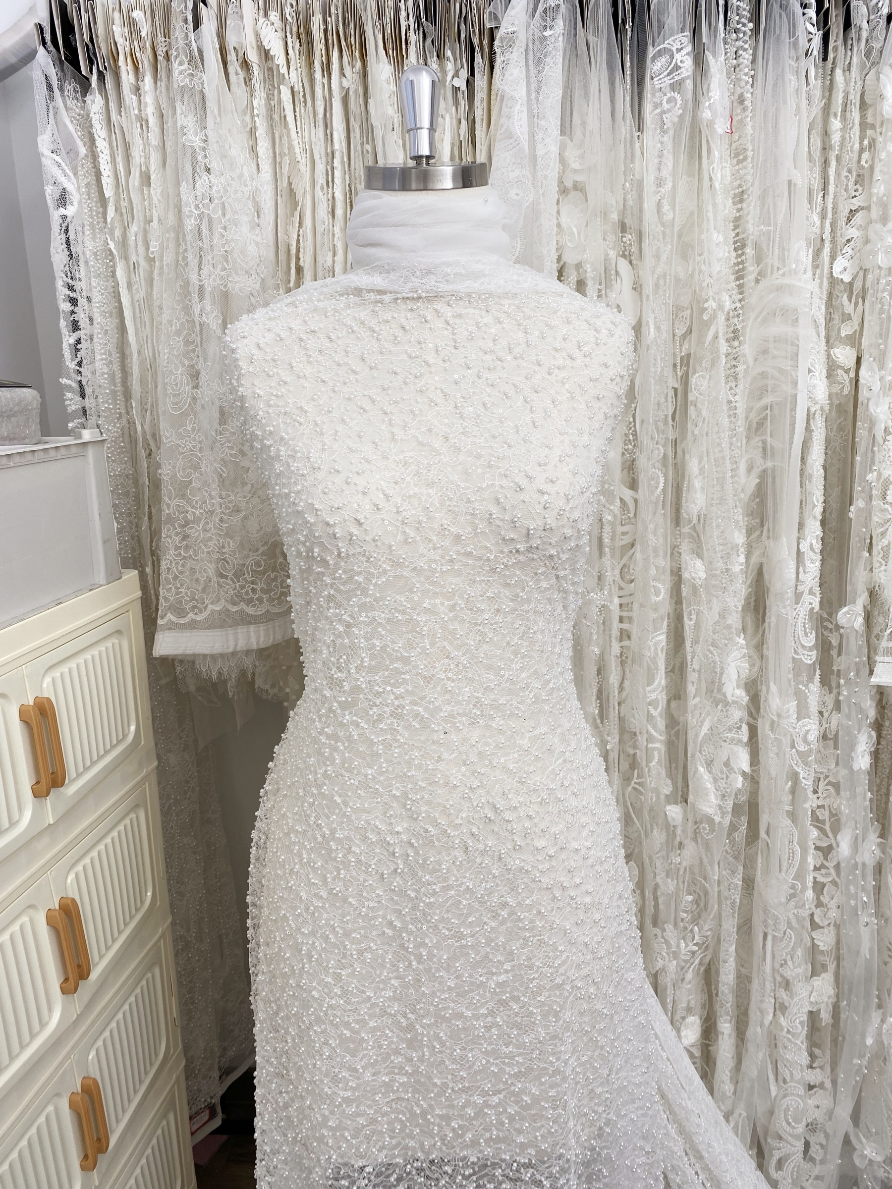 Ivory Heavy  Bead Embroidery Lace with Pearl Sequin, Pearls Lace Fabric for Wedding Gown Bridal Dress,  Sold by the Yard