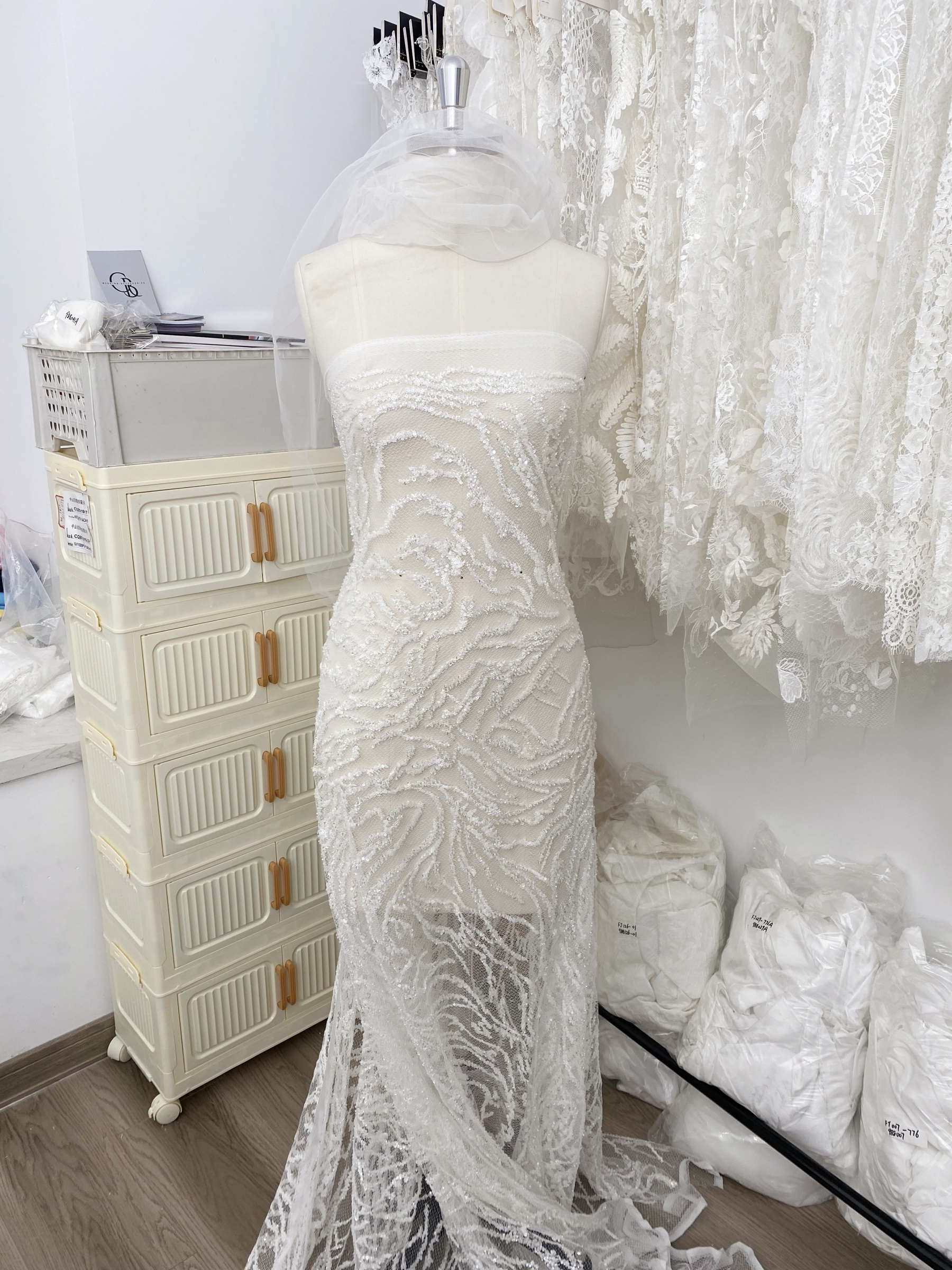 Beaded Tulle Fabric with 3D Dew Drop Effect on Nude Mesh, Wedding Lace with Sequins Bridal Tulle for Gown, Dressmaking Material