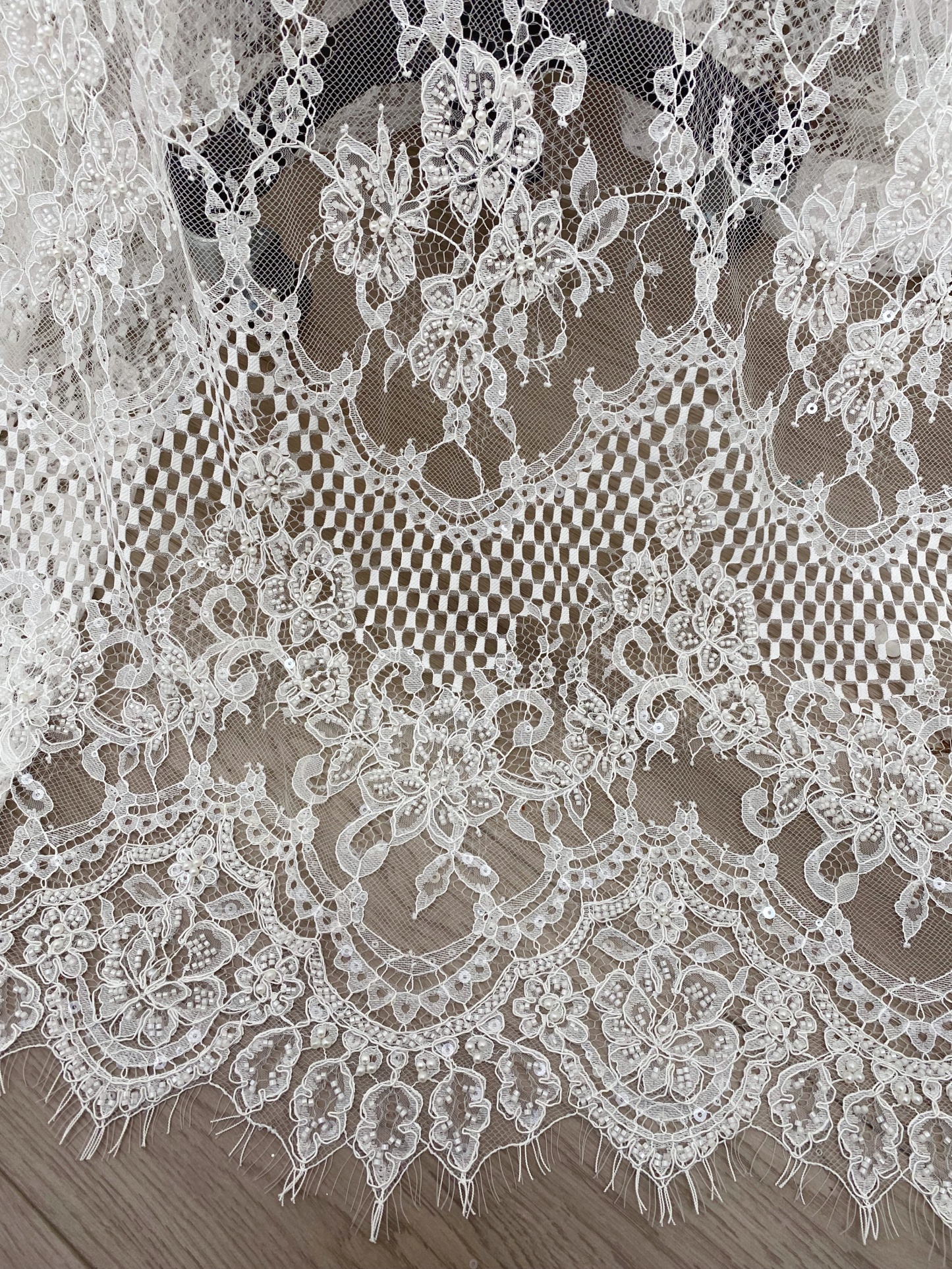 Ivory Beaded Chantilly Lace Fabric for Wedding Dress,Bridal Gown Veil,Sold by 3 Meter
