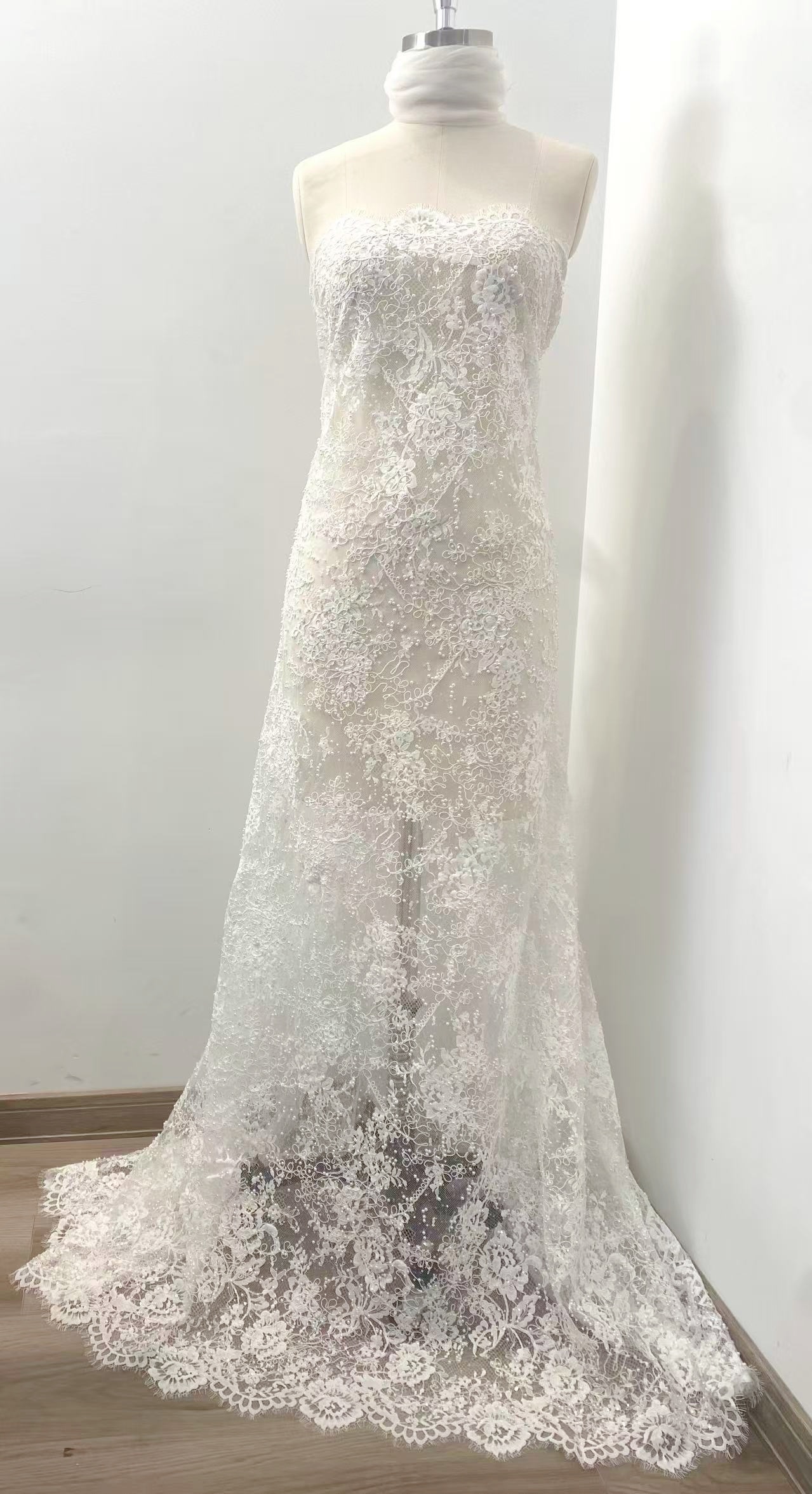 White Cord Beaded Chantilly Lace Fabric for Wedding Dress,Bridal Gown Veil, Pearls Lace with Eyelash Edging,Sold as 3-Meter Piece