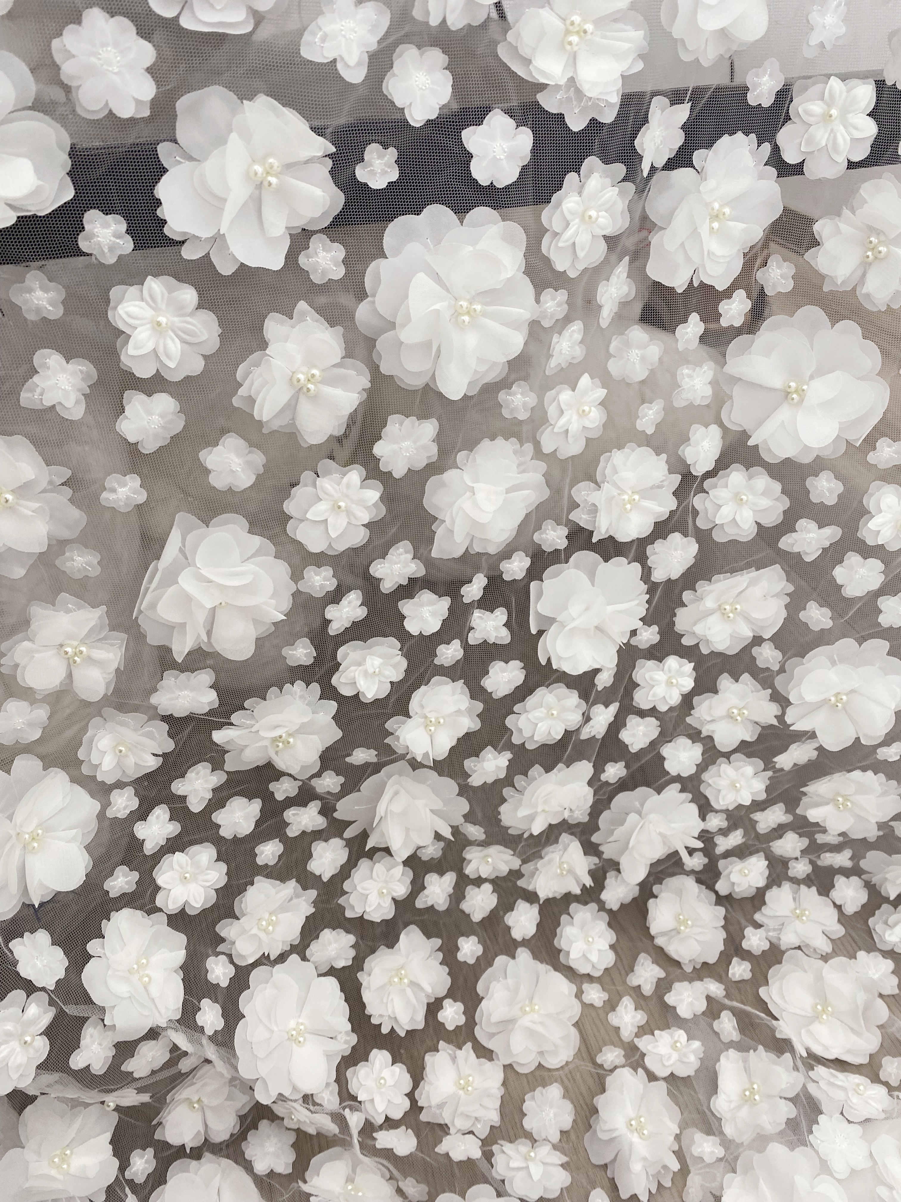 3D Blossom Flowers Mesh Lace Fabric with Pearl Beads | Floral Petals Tulle for Wedding Dresses, Bridal Gowns, Veils & Evening Wear