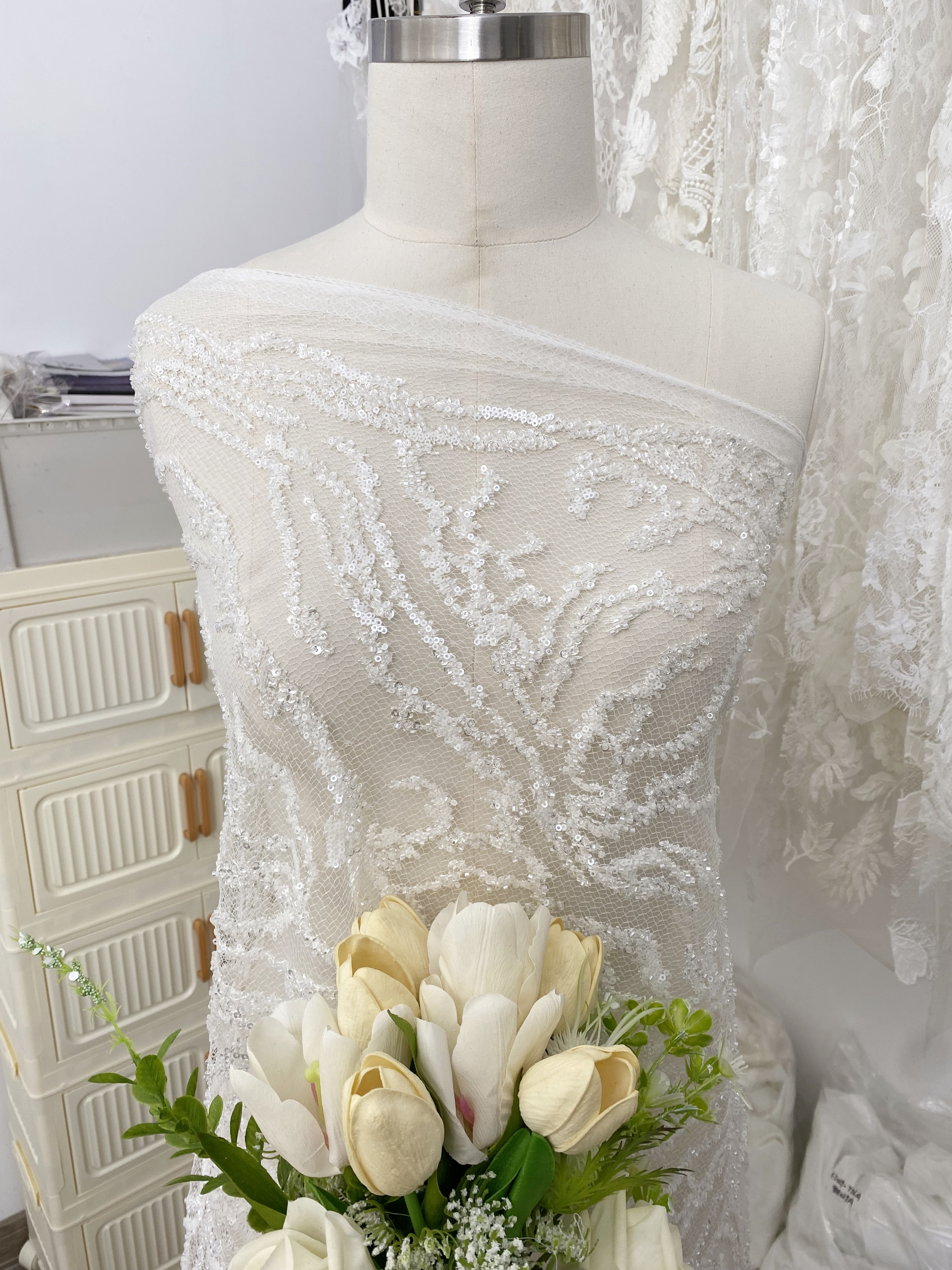 Beaded Tulle Fabric with 3D Dew Drop Effect on Nude Mesh, Wedding Lace with Sequins Bridal Tulle for Gown, Dressmaking Material