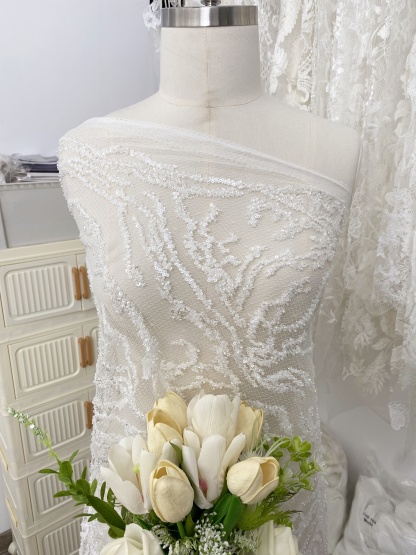 Beaded Tulle Fabric with 3D Dew Drop Effect on Nude Mesh, Wedding Lace with Sequins Bridal Tulle for Gown, Dressmaking Material