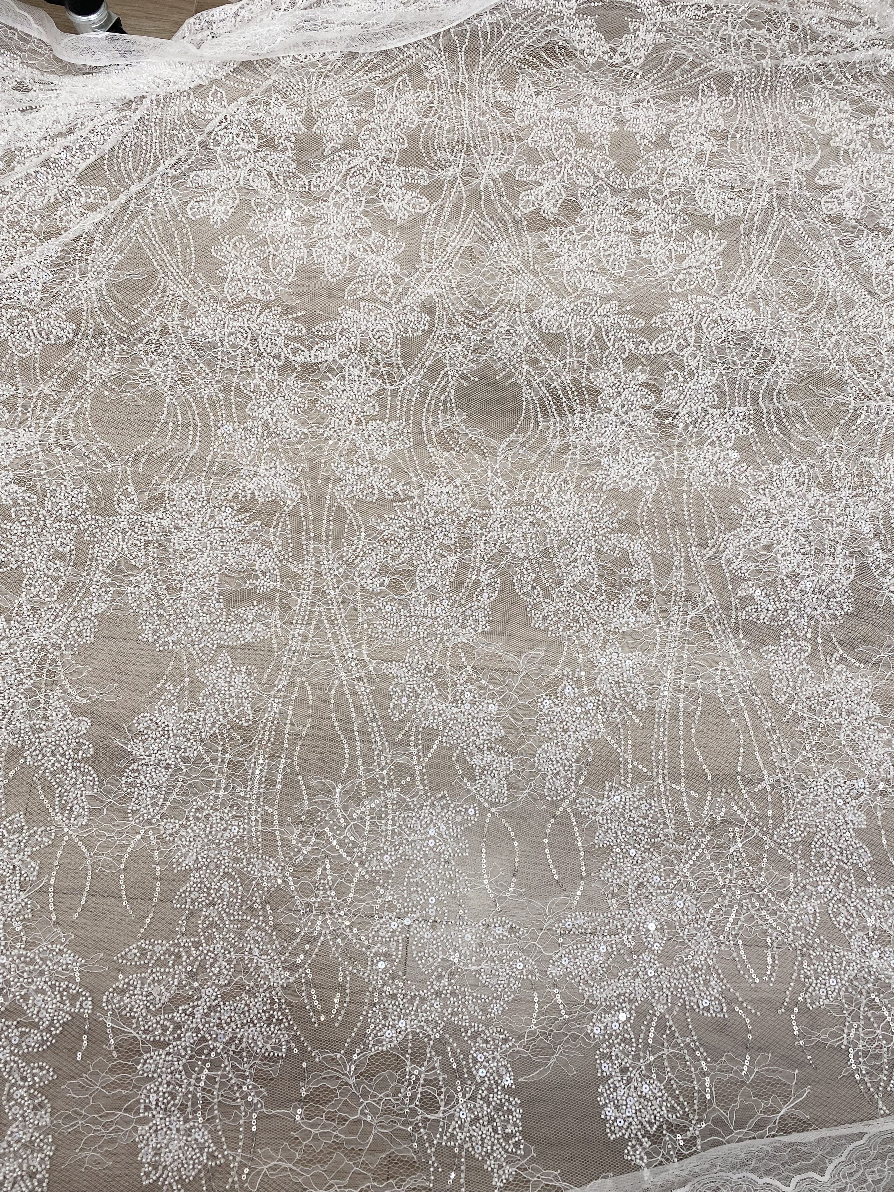 Soft French Chantilly Flower Beaded Lace Fabric, Bridal Wedding Dress Lace, Embroidery Floral Sequin Lace by the Yard