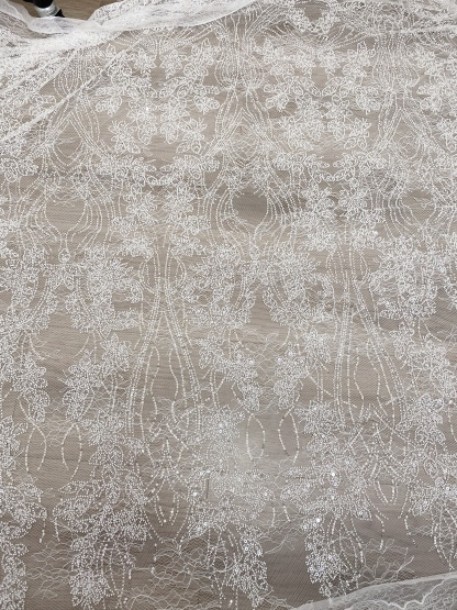 Soft French Chantilly Flower Beaded Lace Fabric, Bridal Wedding Dress Lace, Embroidery Floral Sequin Lace by the Yard