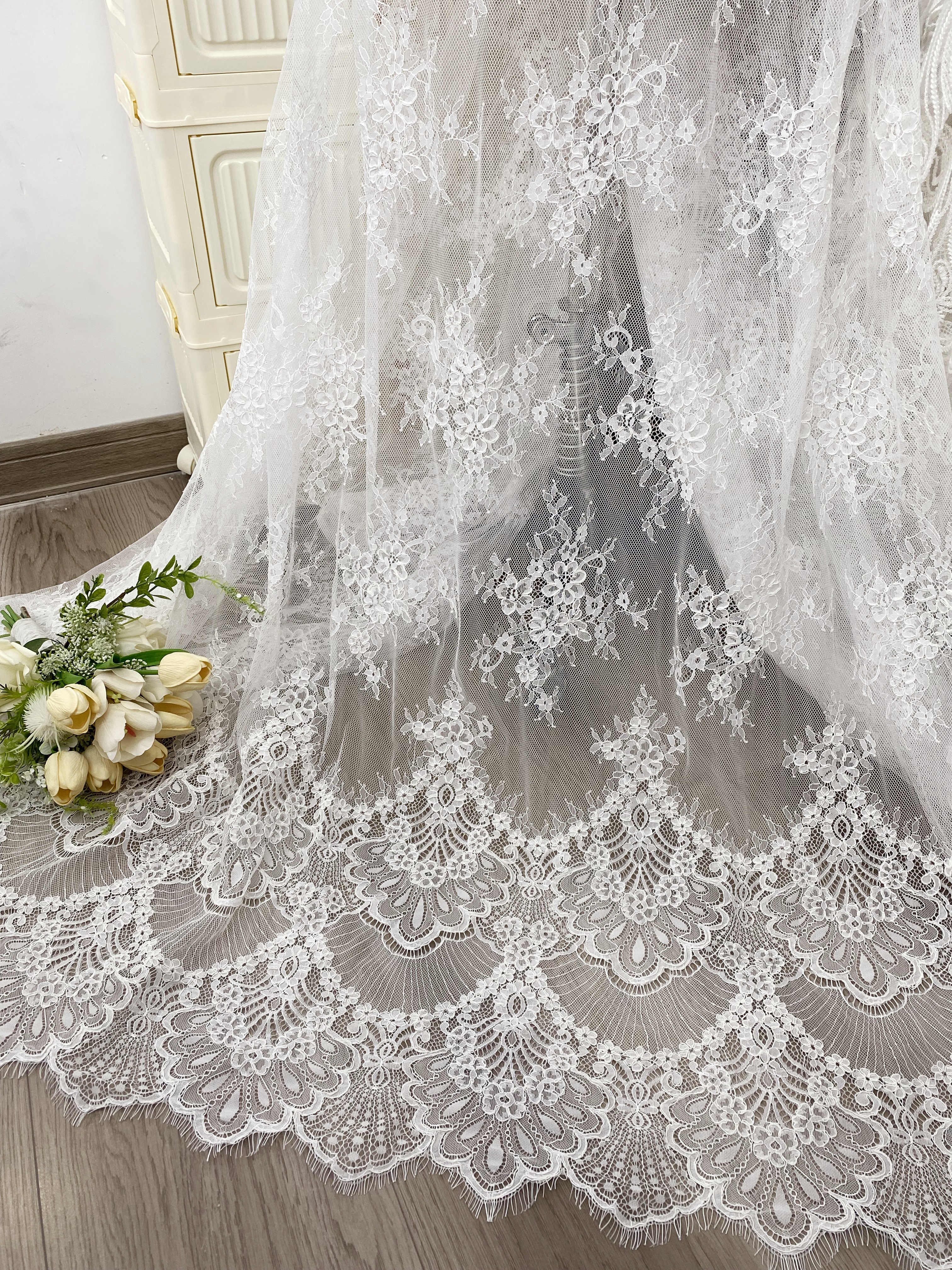 3 Meters French Chantilly Lace Fabric with Corded and Eyelash, Floral Embroidery Lace Scallop Edges for Bridal Wedding Dress, Veil