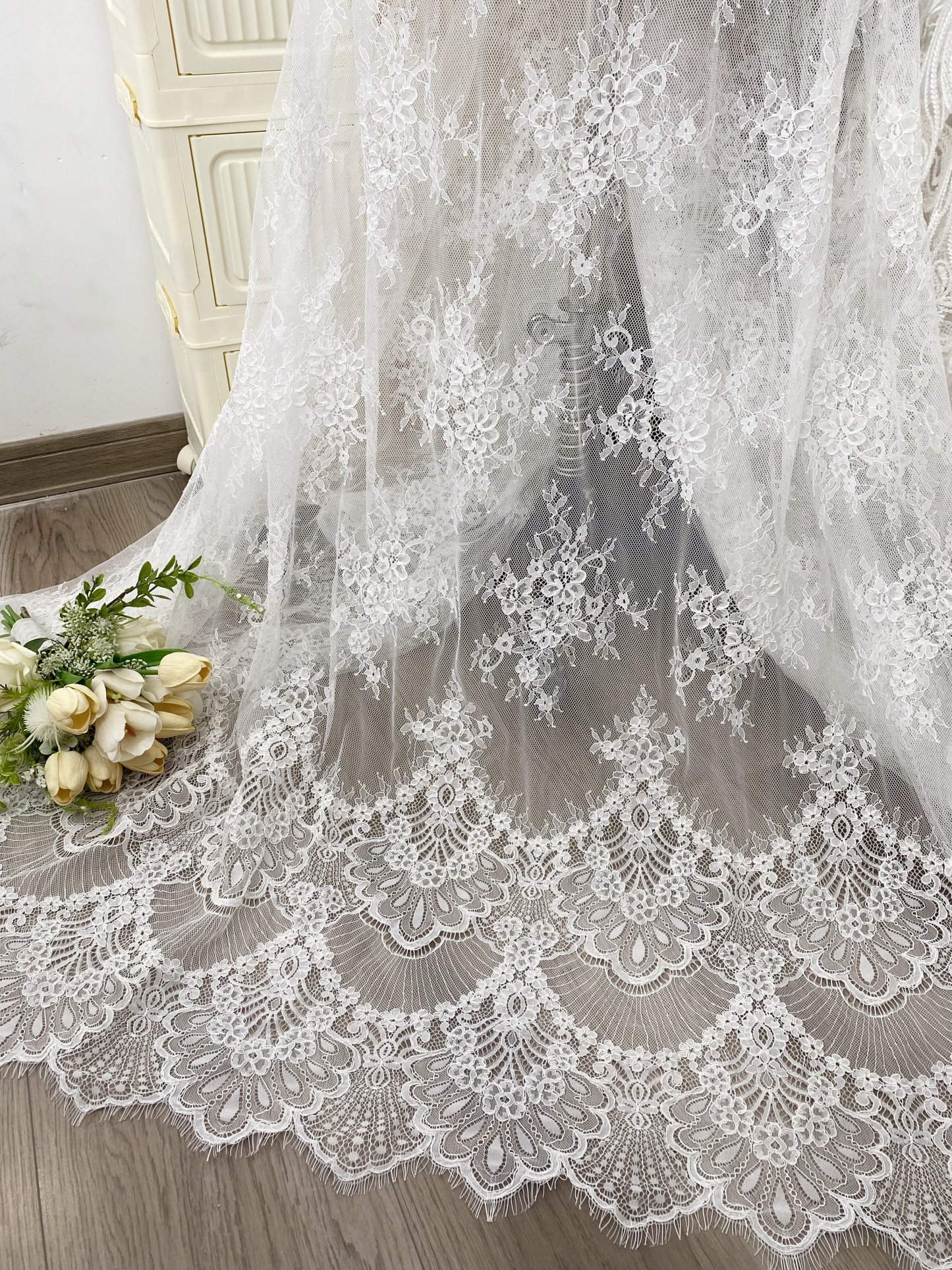 3 Meters French Chantilly Lace Fabric with Corded and Eyelash, Floral Embroidery Lace Scallop Edges for Bridal Wedding Dress, Veil