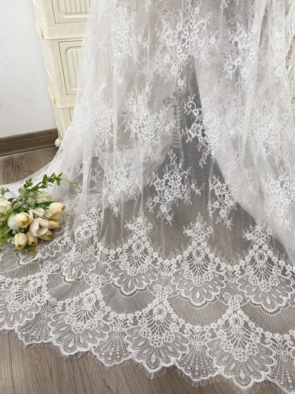 3 Meters French Chantilly Lace Fabric with Corded and Eyelash, Floral Embroidery Lace Scallop Edges for Bridal Wedding Dress, Veil