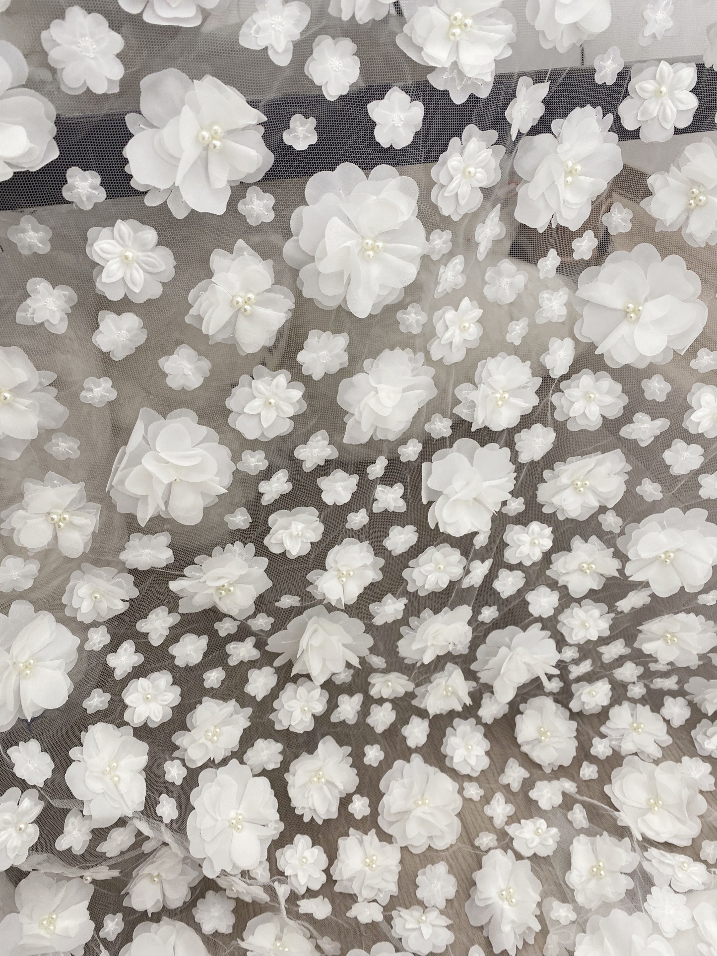 3D Blossom Flowers Mesh Lace Fabric with Pearl Beads | Floral Petals Tulle for Wedding Dresses, Bridal Gowns, Veils & Evening Wear