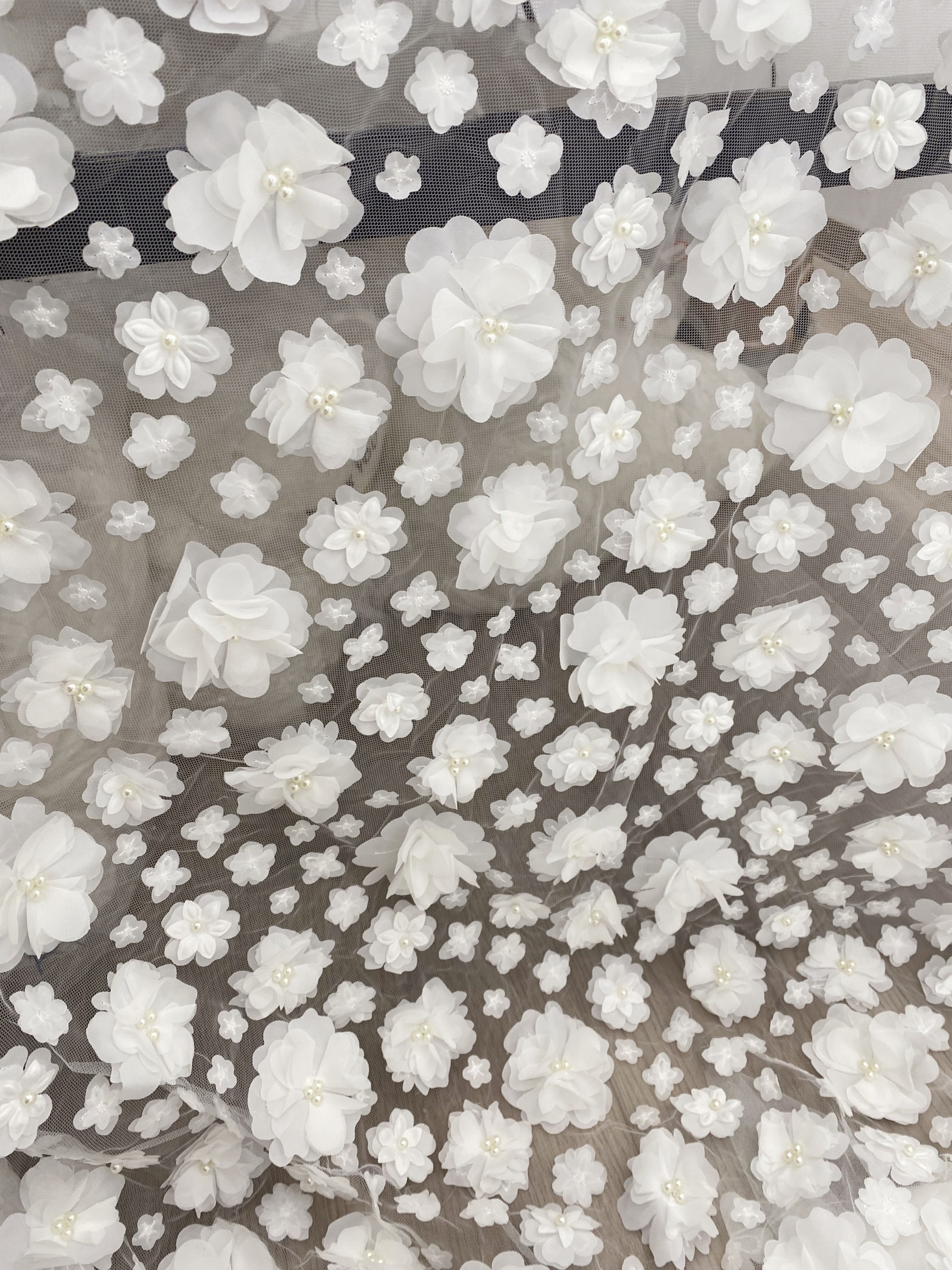 3D Blossom Flowers Mesh Lace Fabric with Pearl Beads | Floral Petals Tulle for Wedding Dresses, Bridal Gowns, Veils & Evening Wear