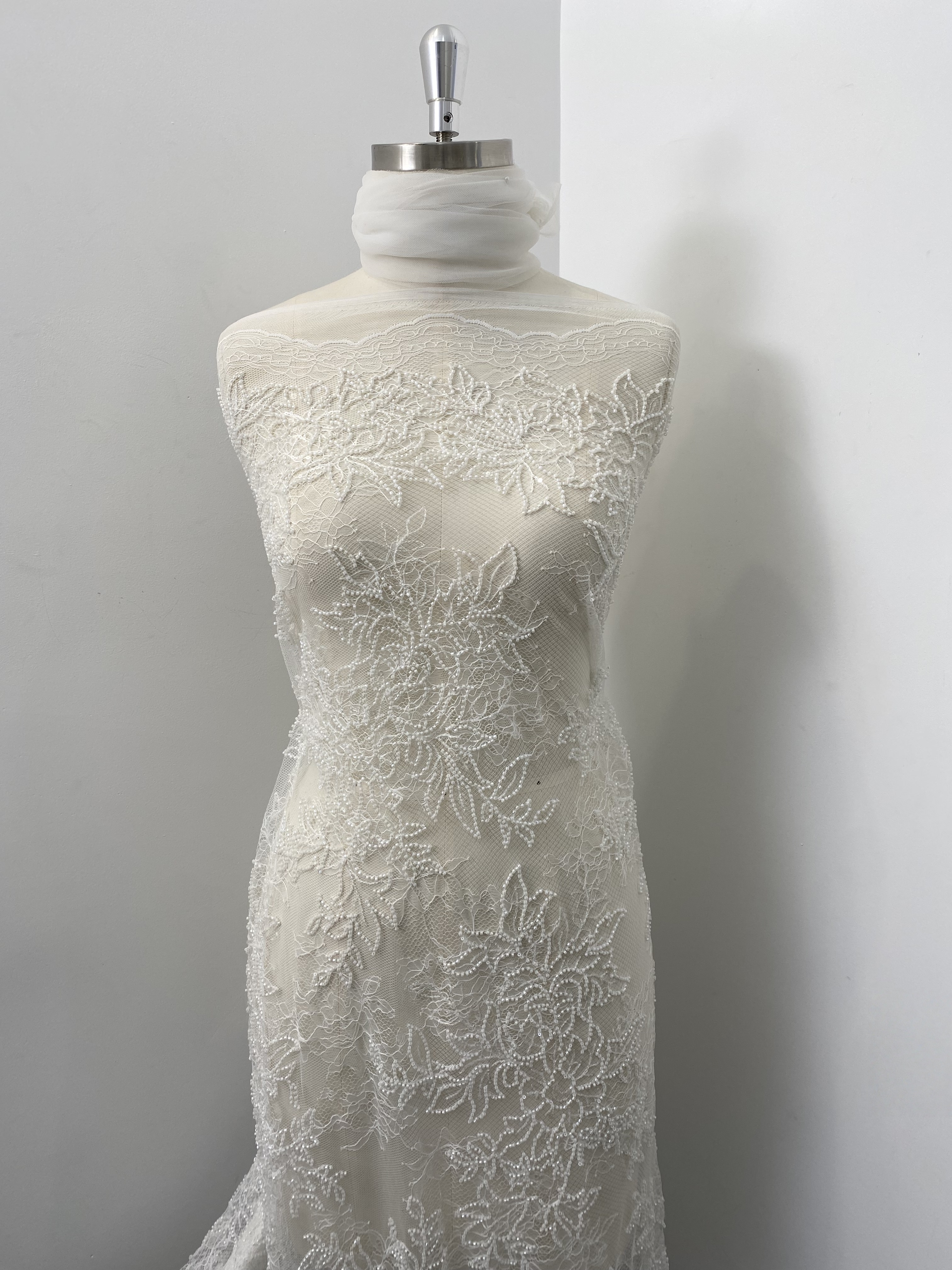 Ivory Floral Beaded Lace Fabric on Soft Mesh, Bridal Embroidery Material for Wedding Gowns, Ball Gowns, Couture, Evening dress