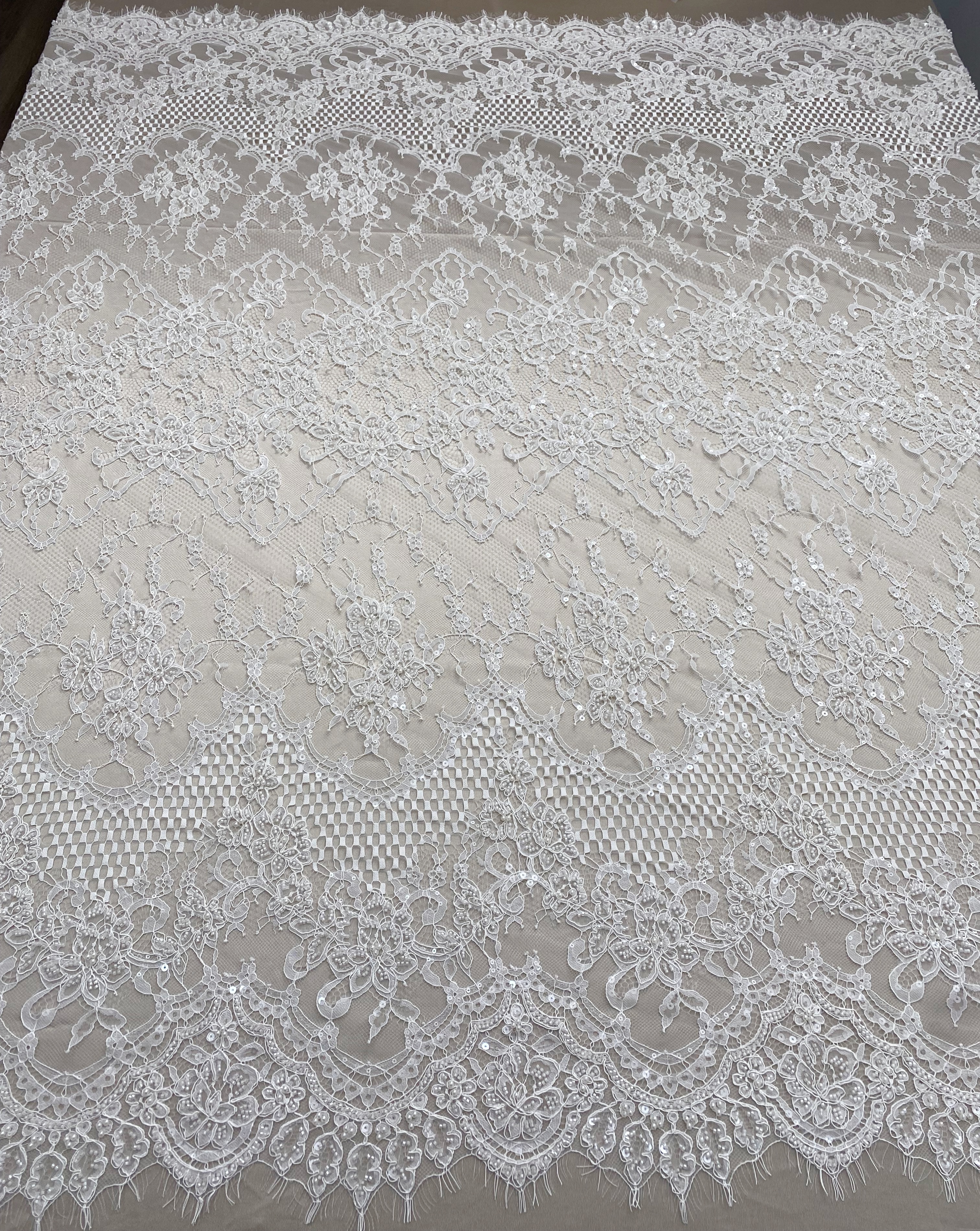 Ivory Beaded Chantilly Lace Fabric for Wedding Dress,Bridal Gown Veil,Sold by 3 Meter