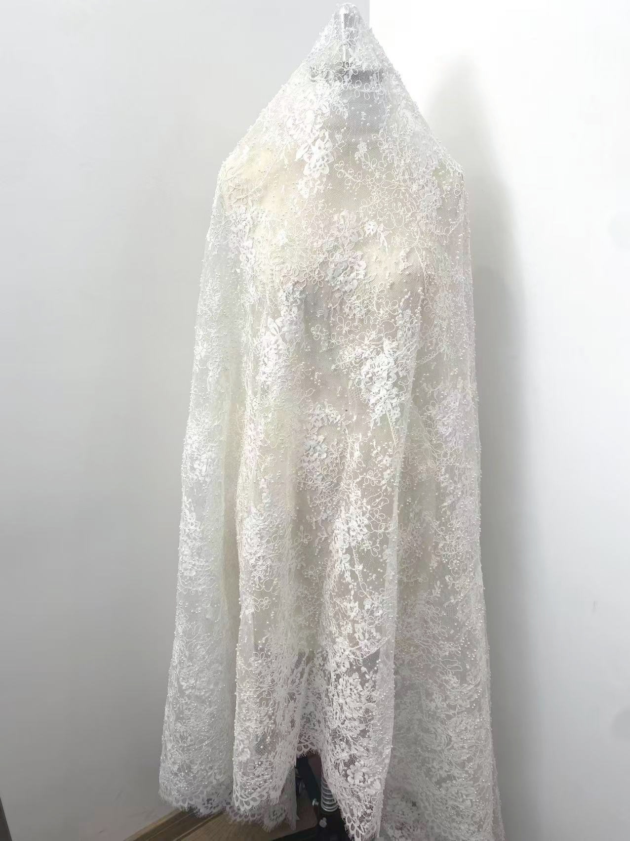 White Cord Beaded Chantilly Lace Fabric for Wedding Dress,Bridal Gown Veil, Pearls Lace with Eyelash Edging,Sold as 3-Meter Piece