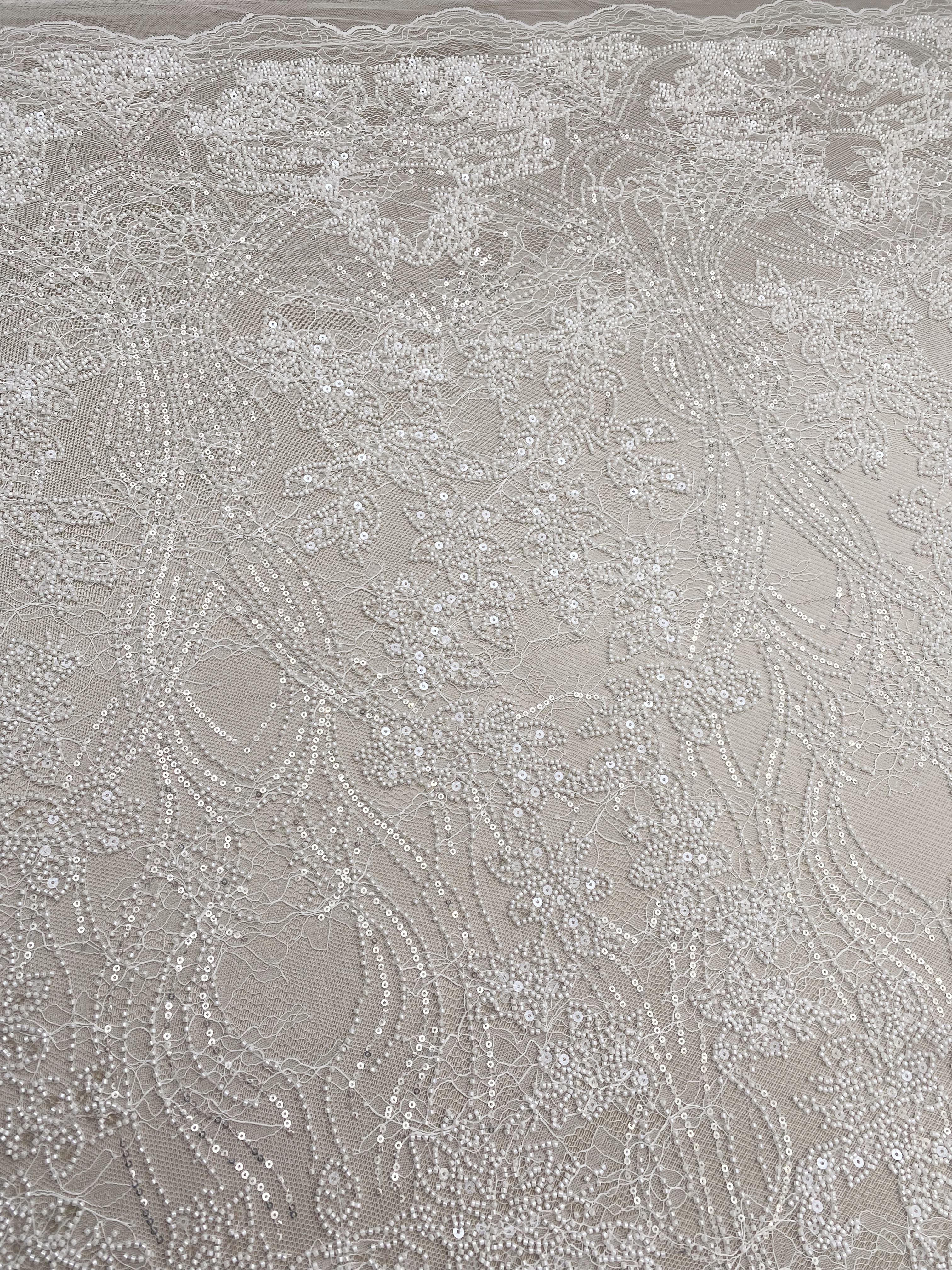 Soft French Chantilly Flower Beaded Lace Fabric, Bridal Wedding Dress Lace, Embroidery Floral Sequin Lace by the Yard