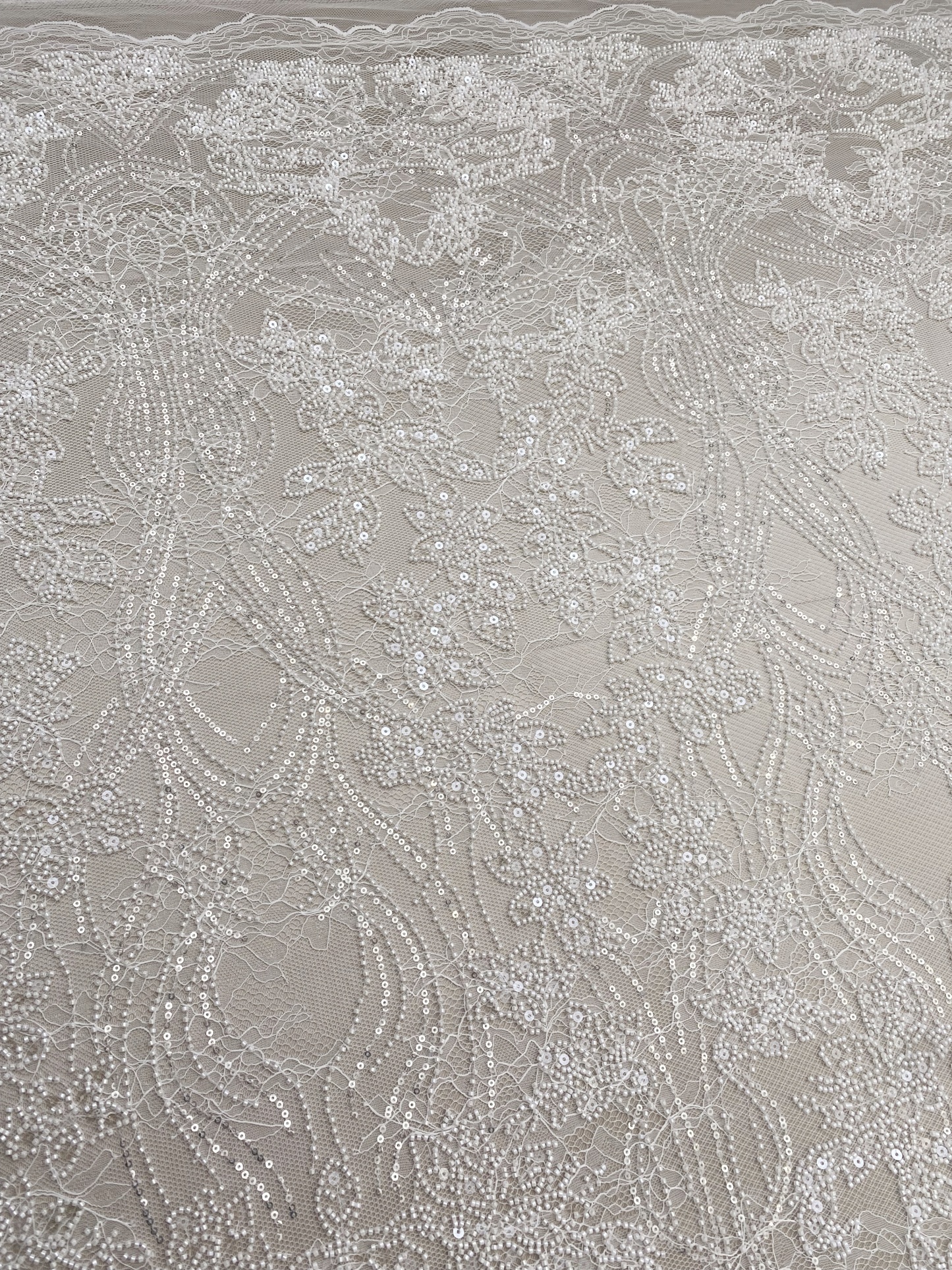 Soft French Chantilly Flower Beaded Lace Fabric, Bridal Wedding Dress Lace, Embroidery Floral Sequin Lace by the Yard
