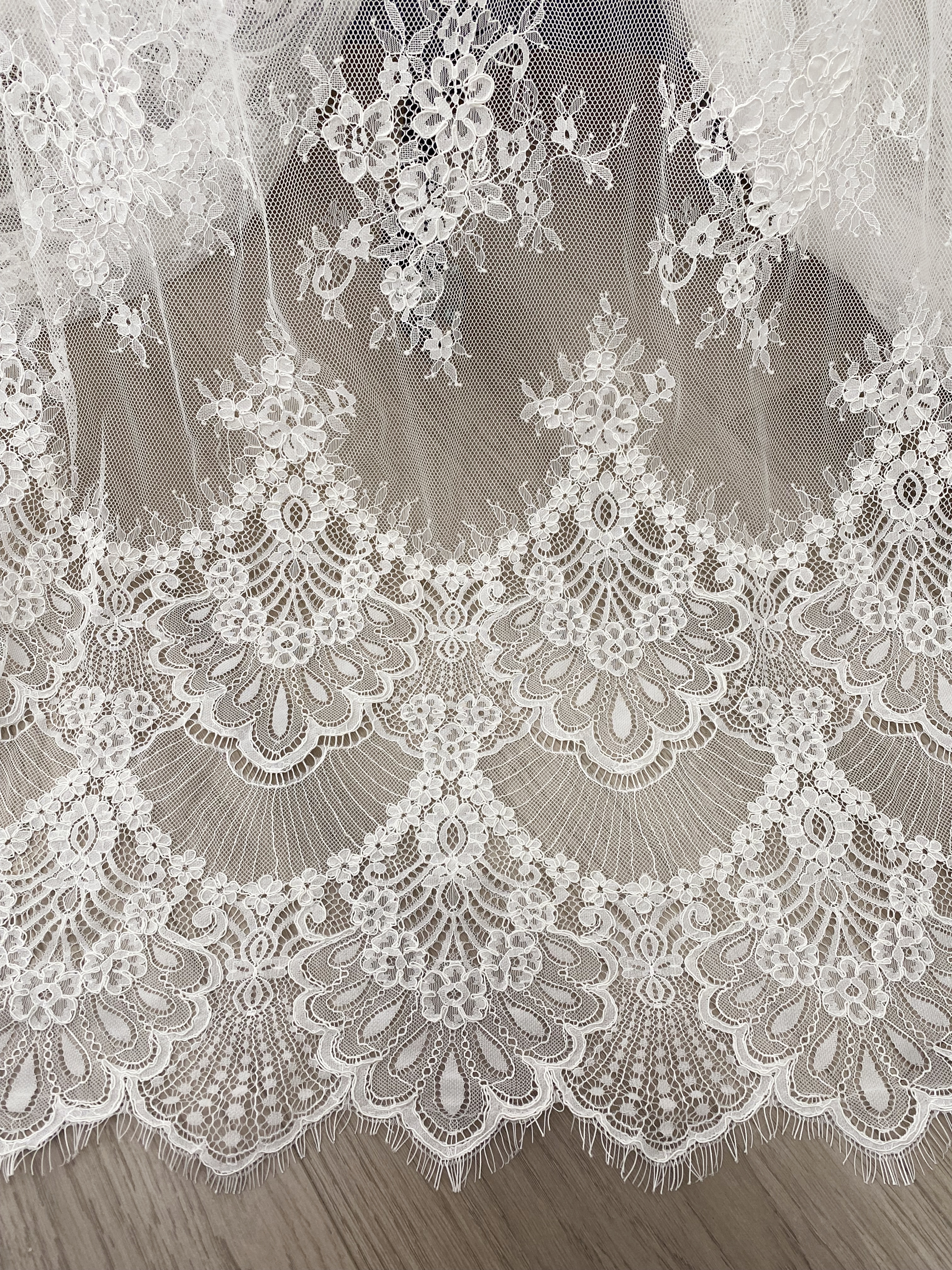 3 Meters French Chantilly Lace Fabric with Corded and Eyelash, Floral Embroidery Lace Scallop Edges for Bridal Wedding Dress, Veil