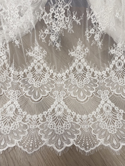 3 Meters French Chantilly Lace Fabric with Corded and Eyelash, Floral Embroidery Lace Scallop Edges for Bridal Wedding Dress, Veil