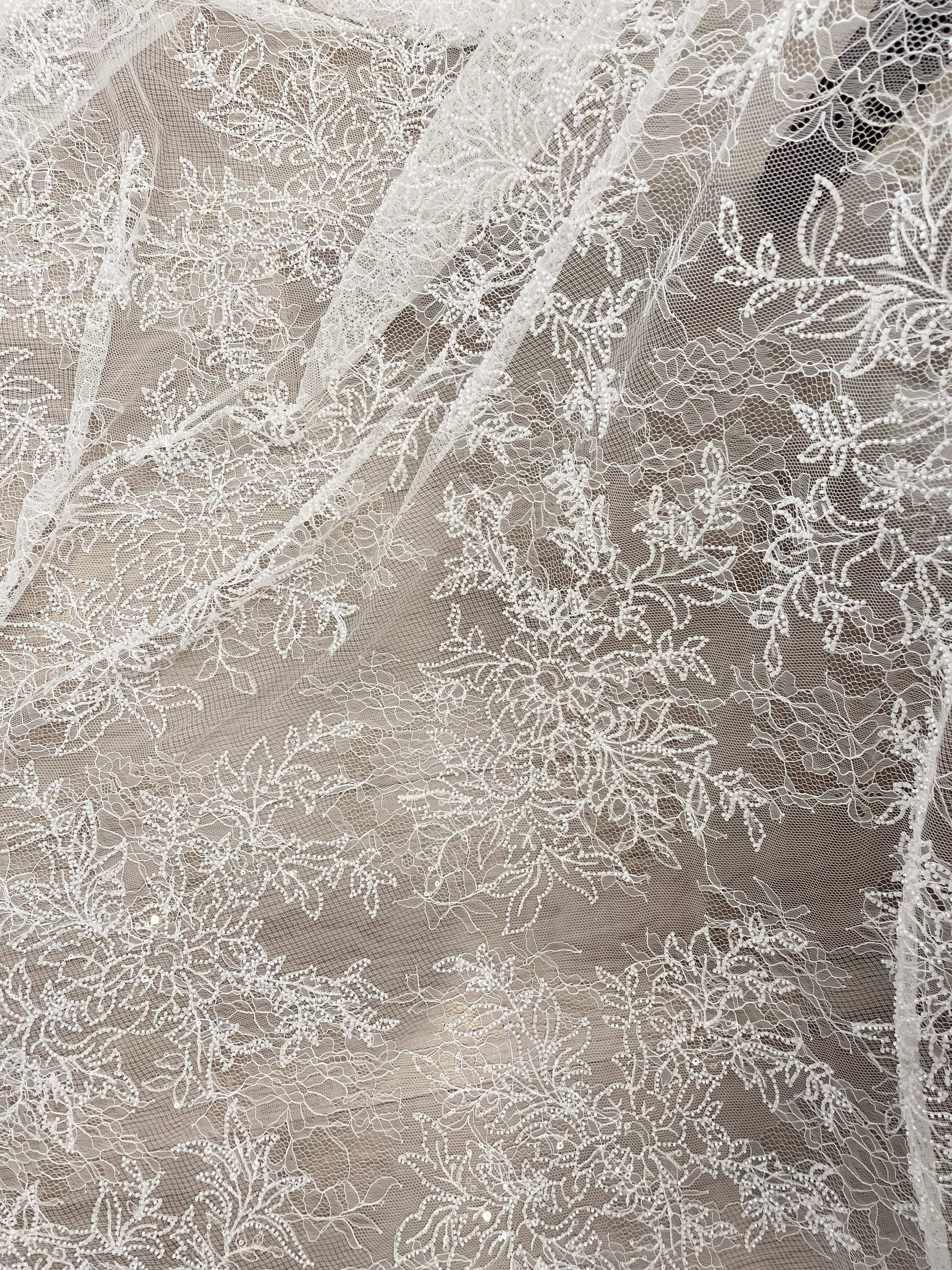 Ivory Floral Beaded Lace Fabric on Soft Mesh, Bridal Embroidery Material for Wedding Gowns, Ball Gowns, Couture, Evening dress