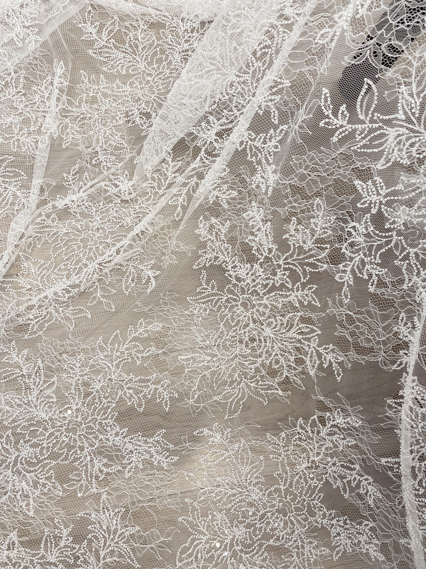 Ivory Floral Beaded Lace Fabric on Soft Mesh, Bridal Embroidery Material for Wedding Gowns, Ball Gowns, Couture, Evening dress