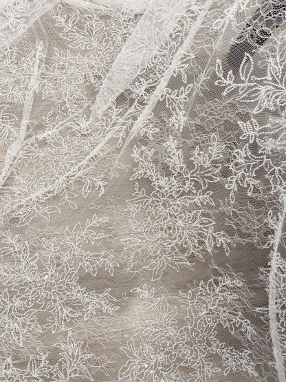 Ivory Floral Beaded Lace Fabric on Soft Mesh, Bridal Embroidery Material for Wedding Gowns, Ball Gowns, Couture, Evening dress