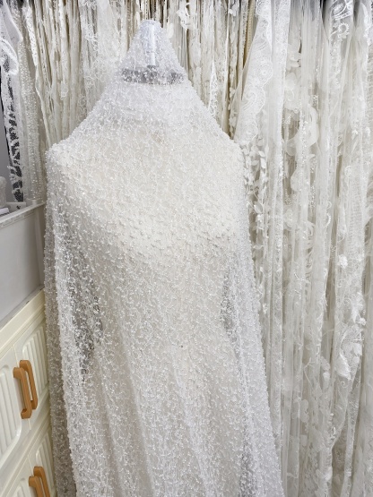 Ivory Heavy  Bead Embroidery Lace with Pearl Sequin, Pearls Lace Fabric for Wedding Gown Bridal Dress,  Sold by the Yard