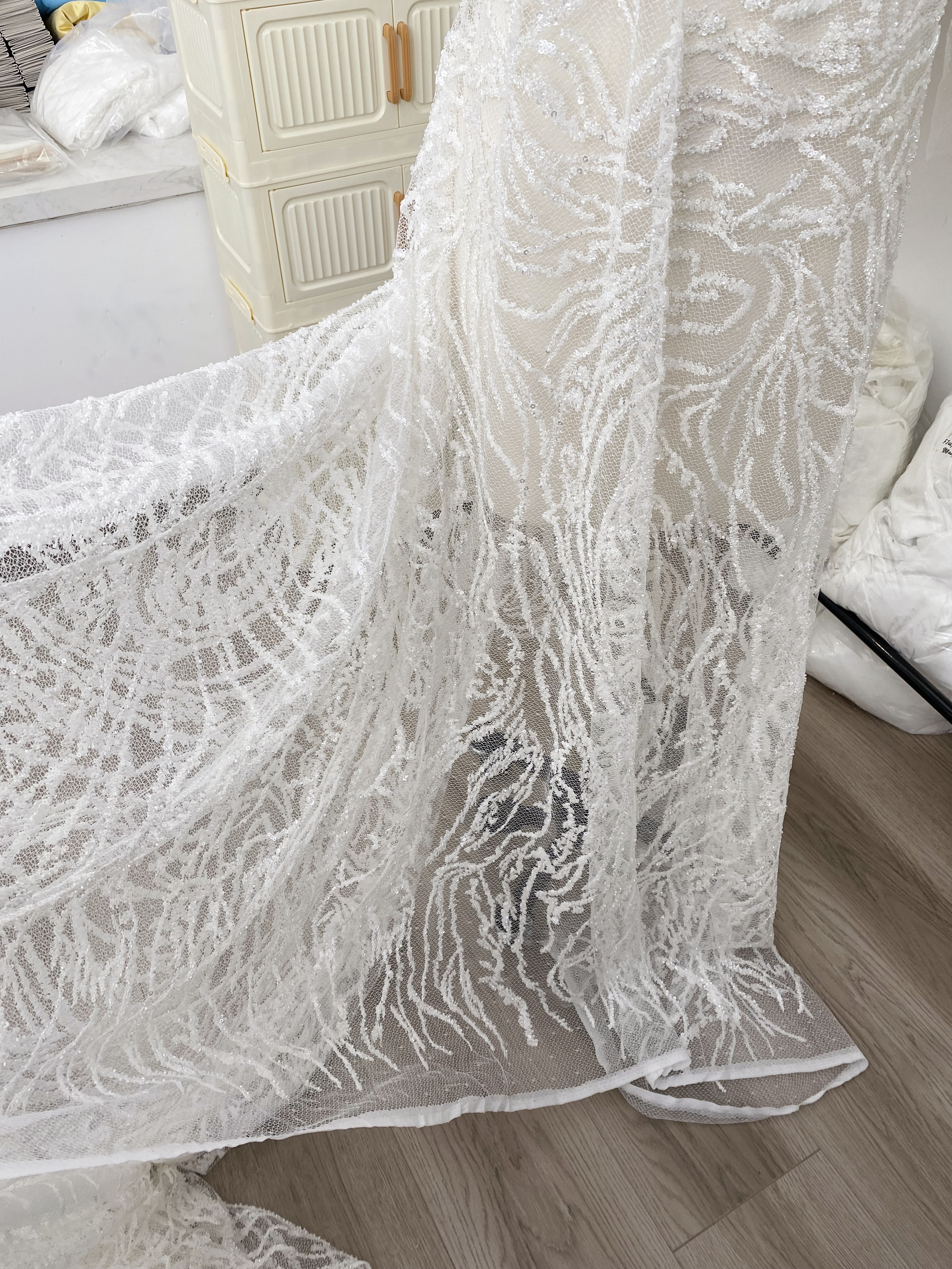 Beaded Tulle Fabric with 3D Dew Drop Effect on Nude Mesh, Wedding Lace with Sequins Bridal Tulle for Gown, Dressmaking Material