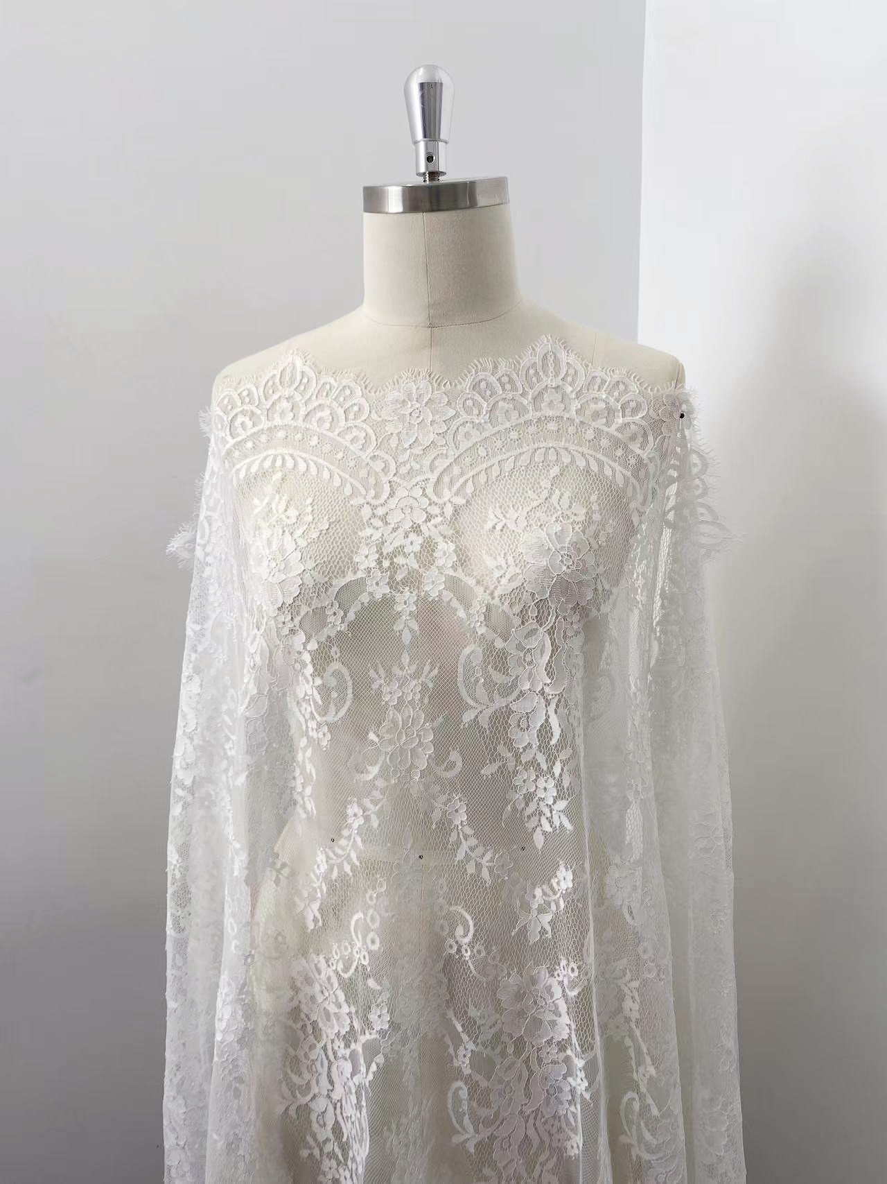 Soft Light French Chantily Eyelash Lace for Wedding Dress, Bridal Gown, Classic Lace Top Overlay, White Lace Fabric DIY Bridal Dress 