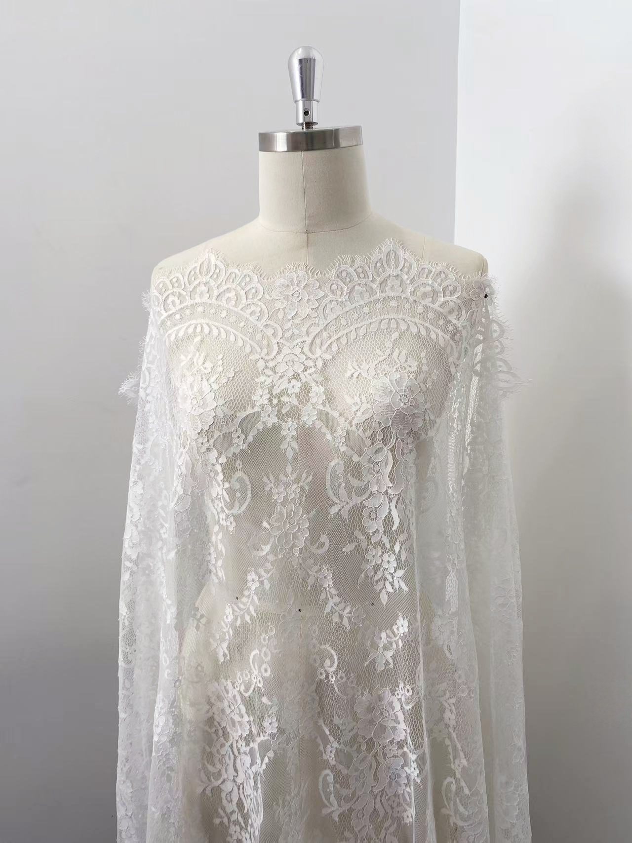Soft Light French Chantily Eyelash Lace for Wedding Dress, Bridal Gown, Classic Lace Top Overlay, White Lace Fabric DIY Bridal Dress 