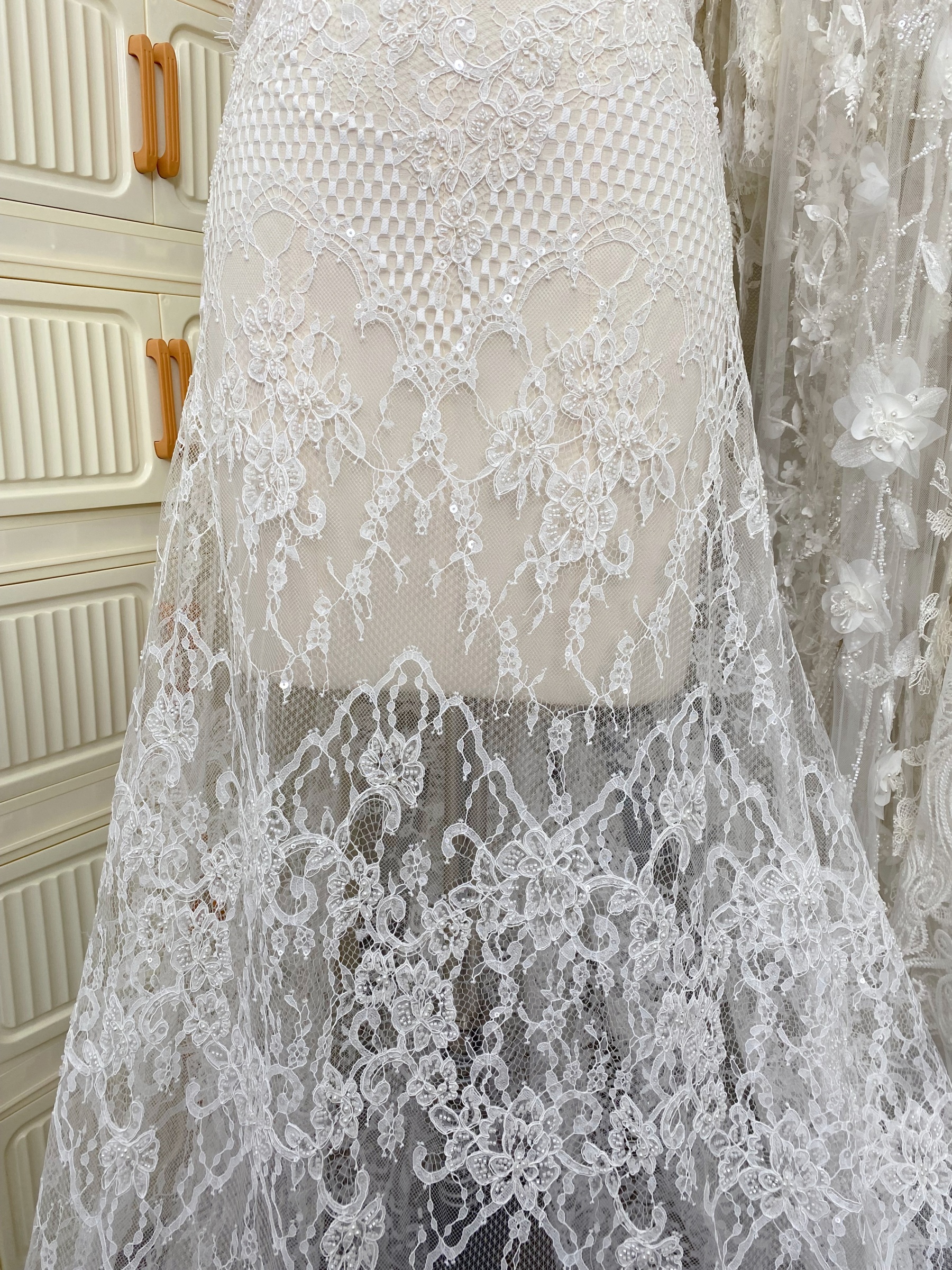 Ivory Beaded Chantilly Lace Fabric for Wedding Dress,Bridal Gown Veil,Sold by 3 Meter