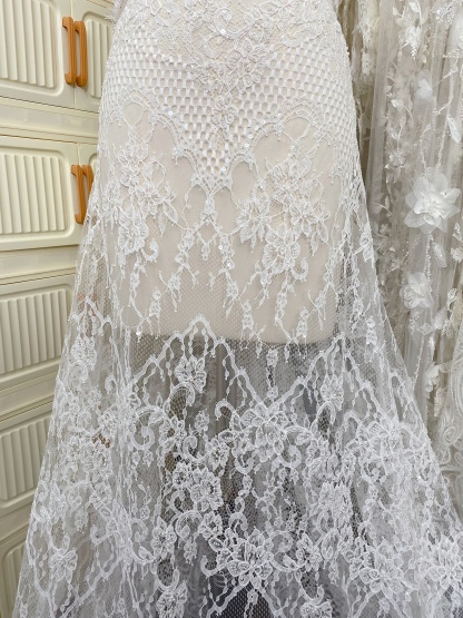 Ivory Beaded Chantilly Lace Fabric for Wedding Dress,Bridal Gown Veil,Sold by 3 Meter
