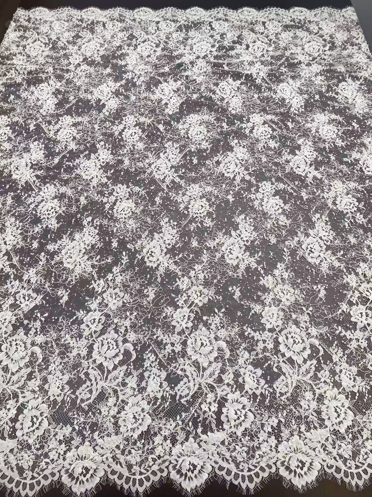 White Cord Beaded Chantilly Lace Fabric for Wedding Dress,Bridal Gown Veil, Pearls Lace with Eyelash Edging,Sold as 3-Meter Piece