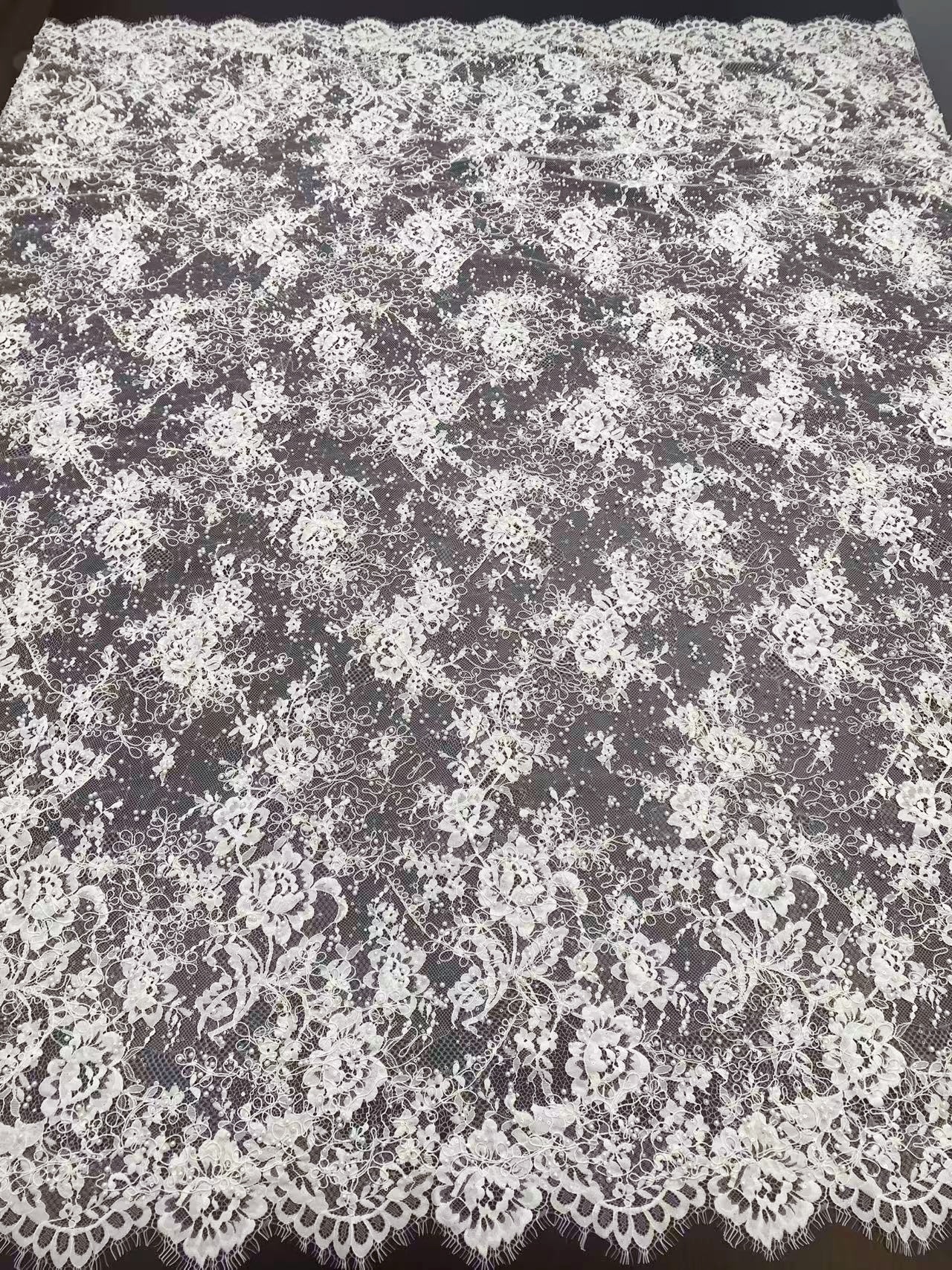 White Cord Beaded Chantilly Lace Fabric for Wedding Dress,Bridal Gown Veil, Pearls Lace with Eyelash Edging,Sold as 3-Meter Piece