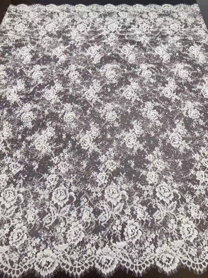 White Cord Beaded Chantilly Lace Fabric for Wedding Dress,Bridal Gown Veil, Pearls Lace with Eyelash Edging,Sold as 3-Meter Piece