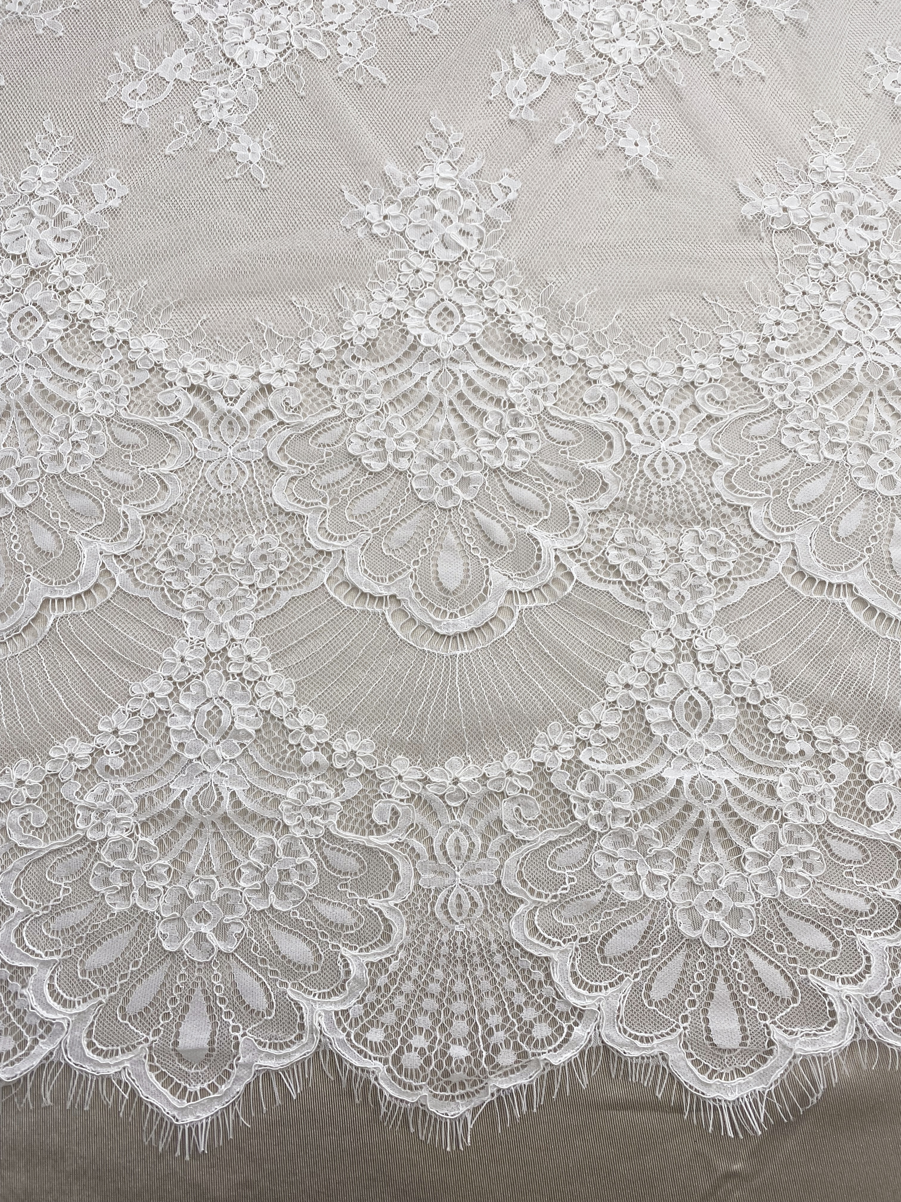 3 Meters French Chantilly Lace Fabric with Corded and Eyelash, Floral Embroidery Lace Scallop Edges for Bridal Wedding Dress, Veil