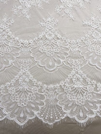 3 Meters French Chantilly Lace Fabric with Corded and Eyelash, Floral Embroidery Lace Scallop Edges for Bridal Wedding Dress, Veil