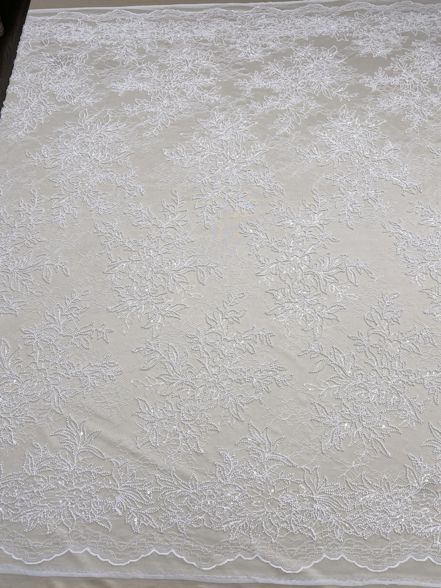 Ivory Floral Beaded Lace Fabric on Soft Mesh, Bridal Embroidery Material for Wedding Gowns, Ball Gowns, Couture, Evening dress