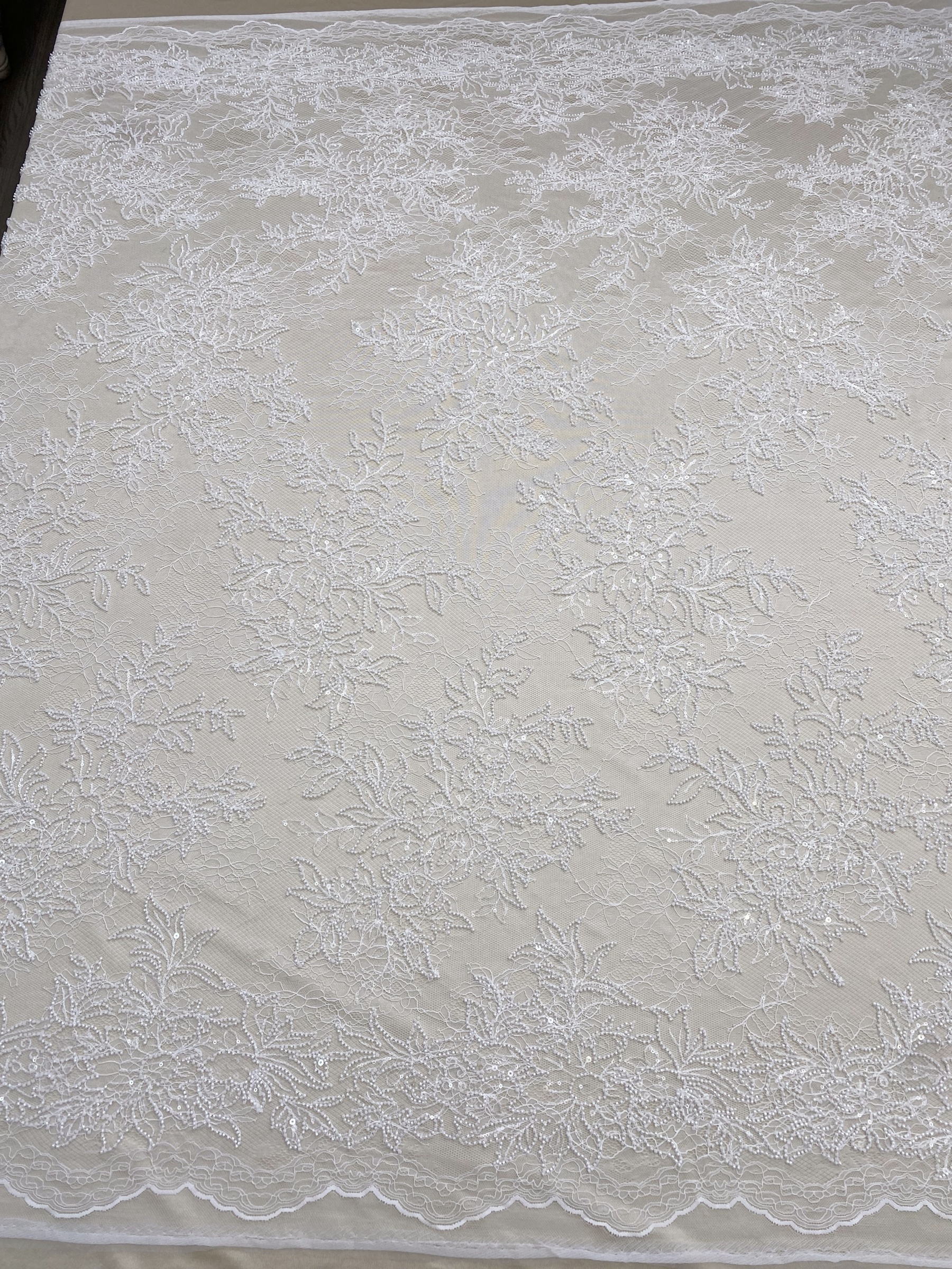 Ivory Floral Beaded Lace Fabric on Soft Mesh, Bridal Embroidery Material for Wedding Gowns, Ball Gowns, Couture, Evening dress